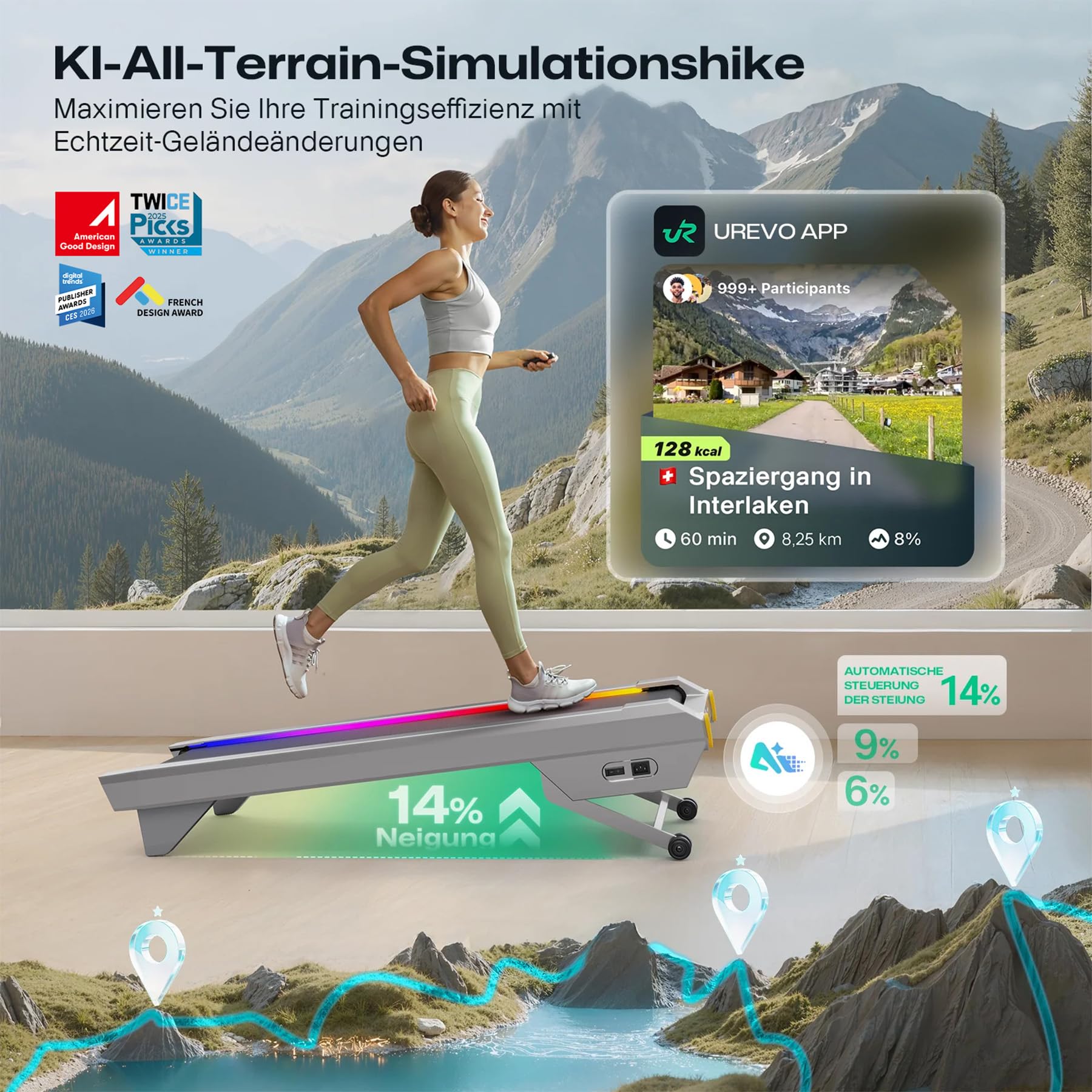UREVO CyberPad Smart Walking Pad mit 14% Automatik-Steigung, Schlankes Untertisch-Laufband für Fitness im Büro, Leiser Brushless Motor, Großzügige Oberfläche, KI-gestützte App