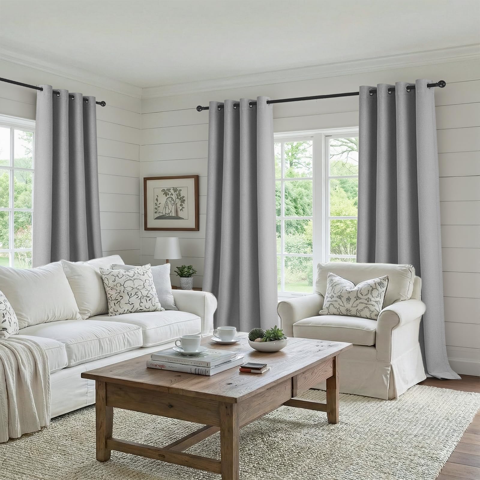 Lot de 2 rideaux occultants, 100 % occultants, aspect lin, 260 x 140 cm, gris clair, thermiques, avec œillets, pour chambre à coucher, salon, chambre d'enfant
