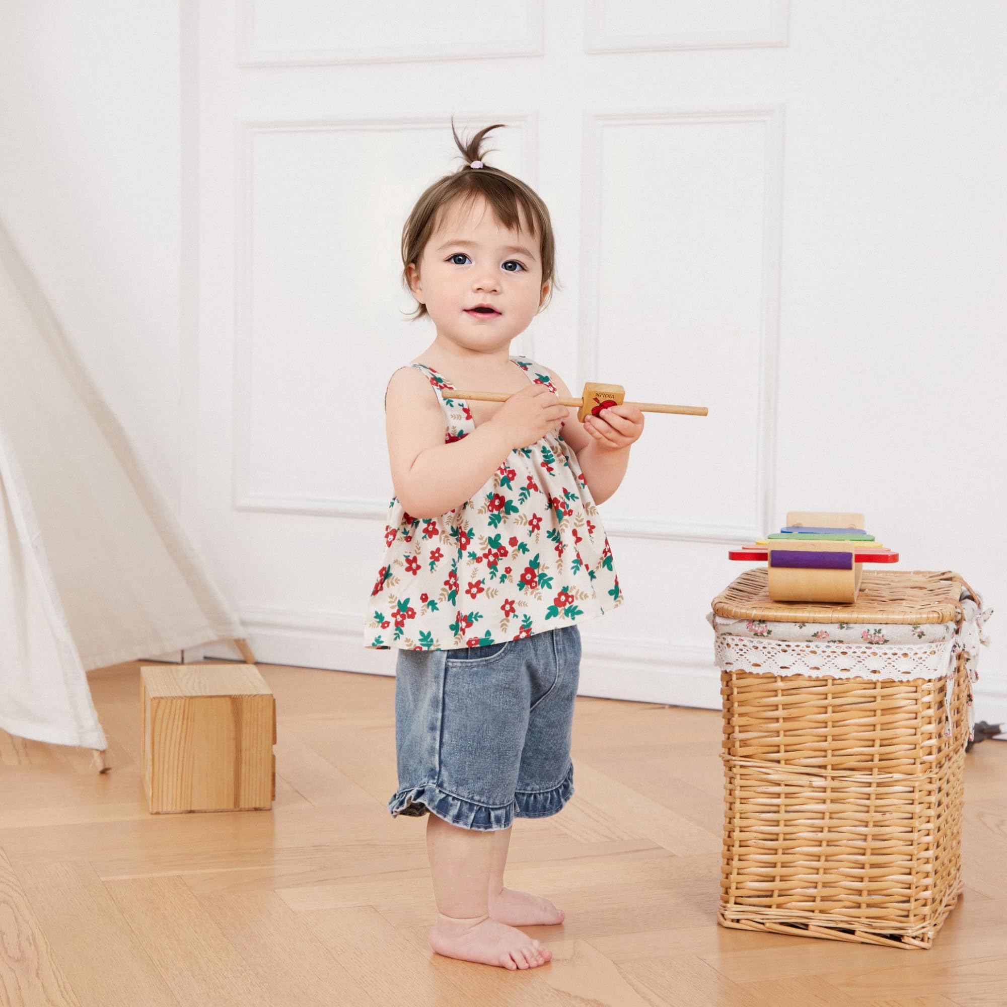 Toddler Denim Set Girl Floral Crop Tank Top Sleeveless Halter Tops Ruffle Denim Jeans Short Baby Summer Clothes 0-4T (Blue, 2-3T)