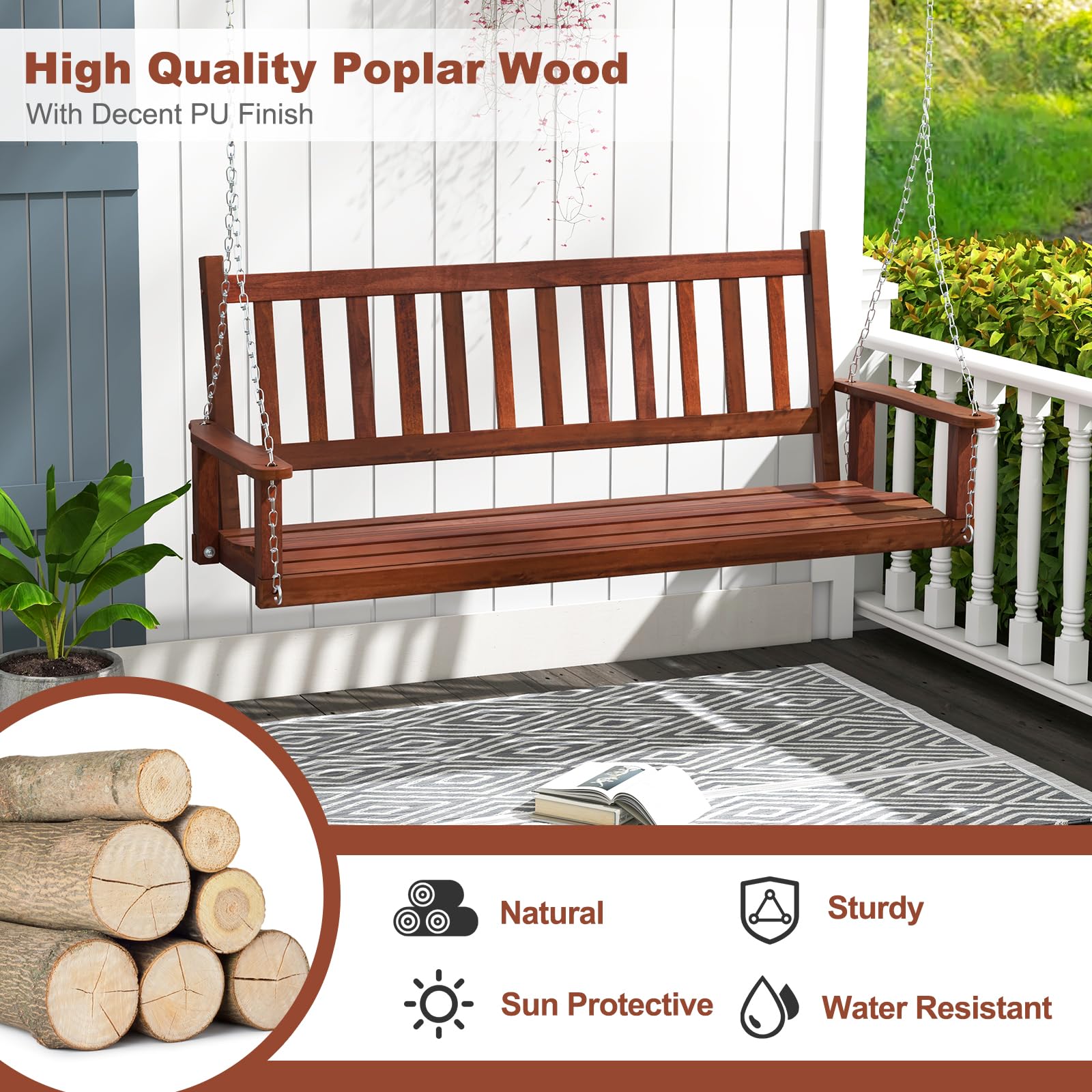 KOMFOTTEU Banc Suspendu 2-3 Places Balançoire Jardin Bois Massif Fauteuil Suspendu Charge 230/360 kg 168x65x63 cm Marron