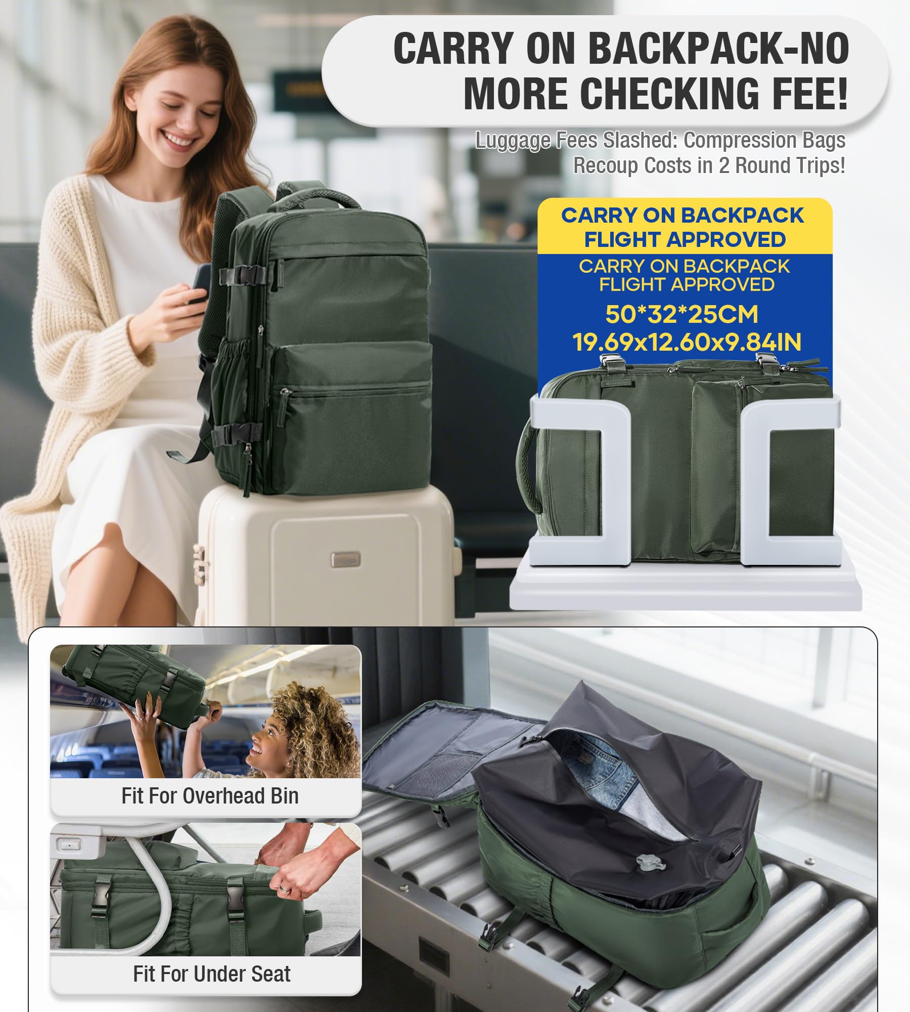 Zaino da Viaggio Grande Zaino Sottovuoto Con Pompa Donna da Escursionismo Sportivo da Esterno impermeabile Zaino Casual Laptop da 15.6 Pollici Borsa da Viaggio Uomo Verde