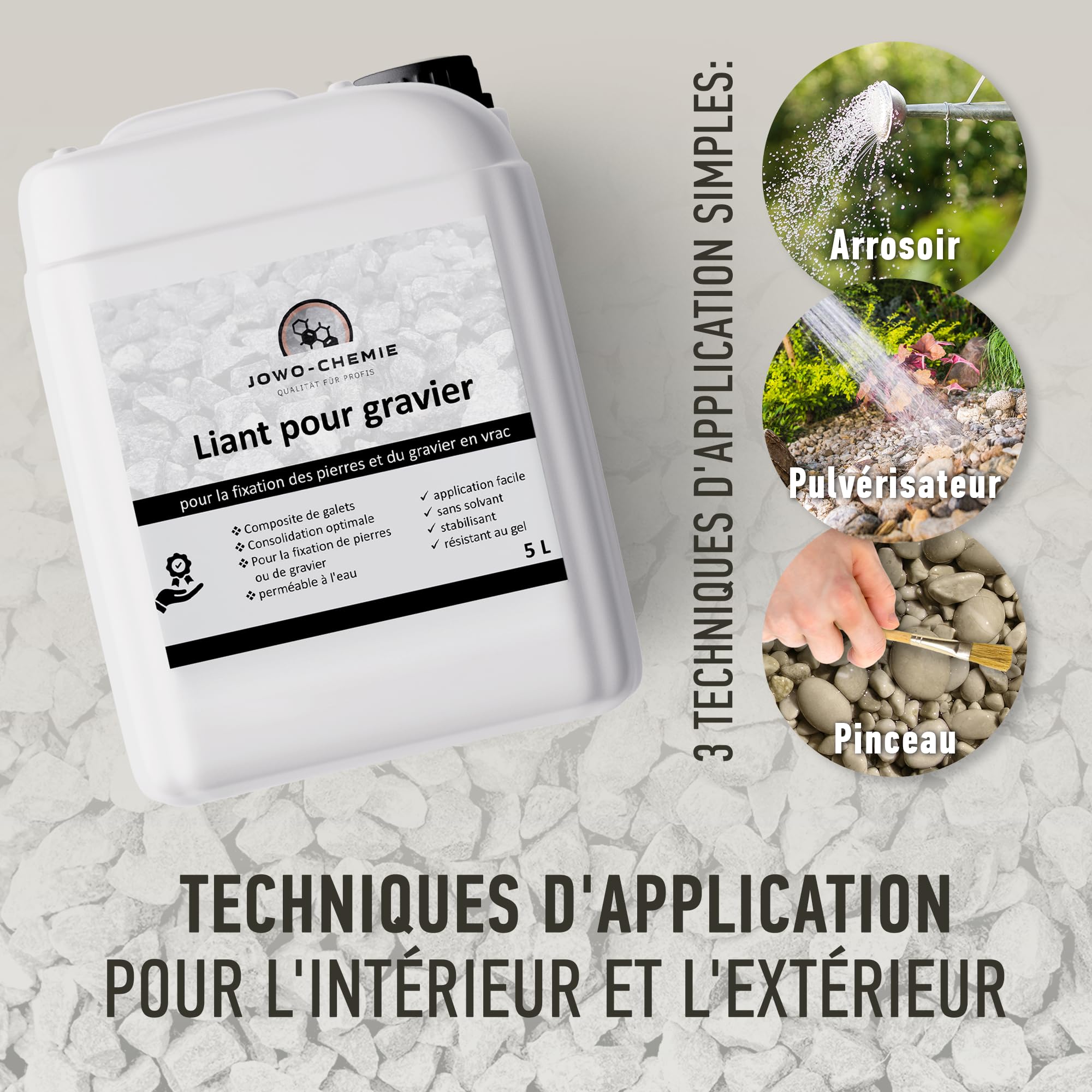 Liant pour gravier extérieur 5L – Stabilisateur de gravier & colle cailloux pour allées, terrasses et jardins | Fixateur drainant anti-déplacement pour gravier, pierre et galet décoratif.