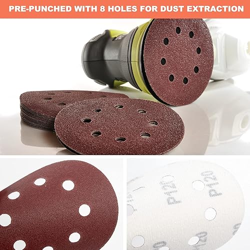 Miniatura 5 de 165 discos de lija orbital de lija de 5 pulgadas, 8 agujeros, 40, 60, 80, 120, 180, 240, 320, 400, 600, 600, surtido de papel de lija orbital