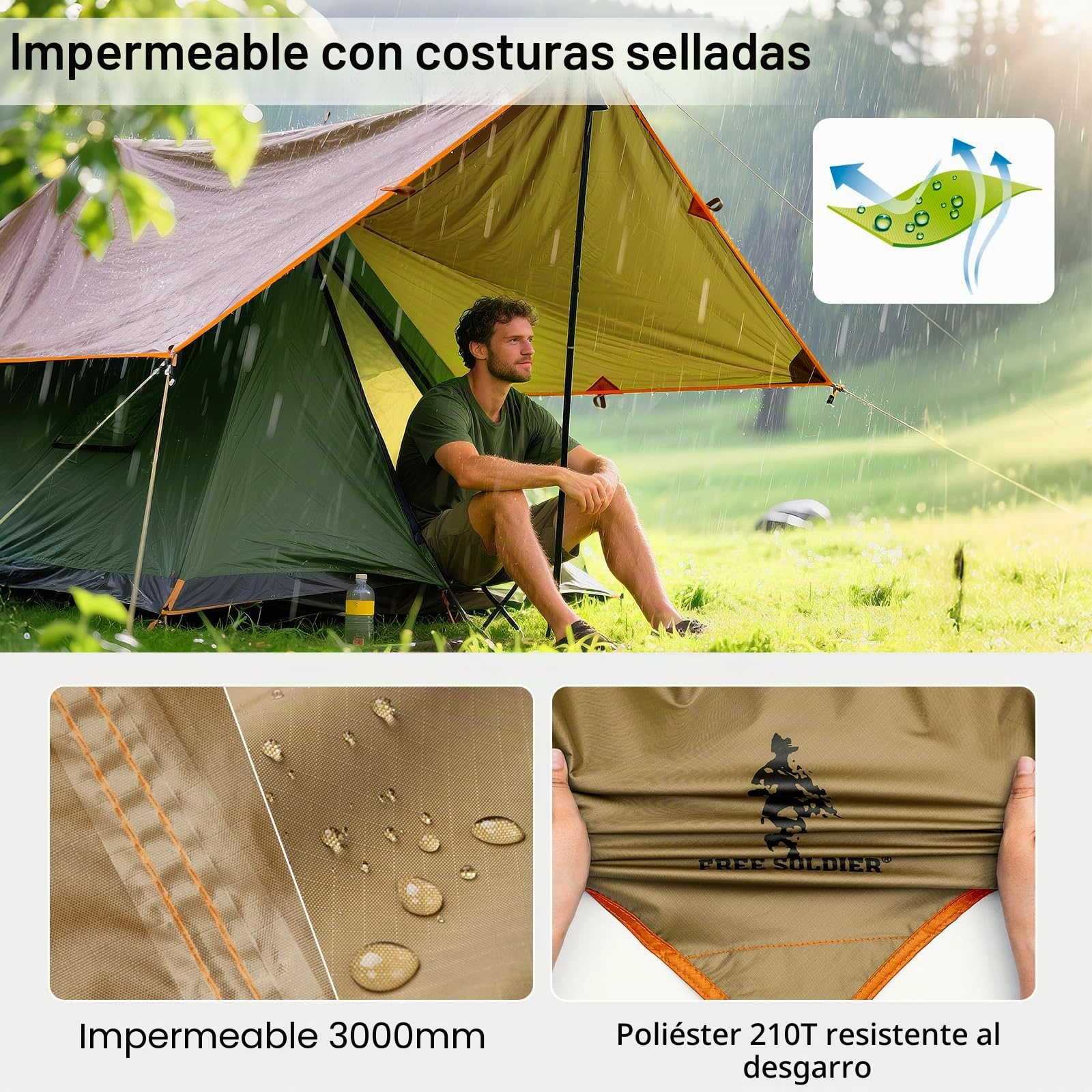 Free Soldier Toldo de Acampada y Deportes al Aire Libre Impermeable Portable Multifuncional para Viajar Tienda de campaña Toldo Refugio Parasol Toldo （Marrón con uñas）