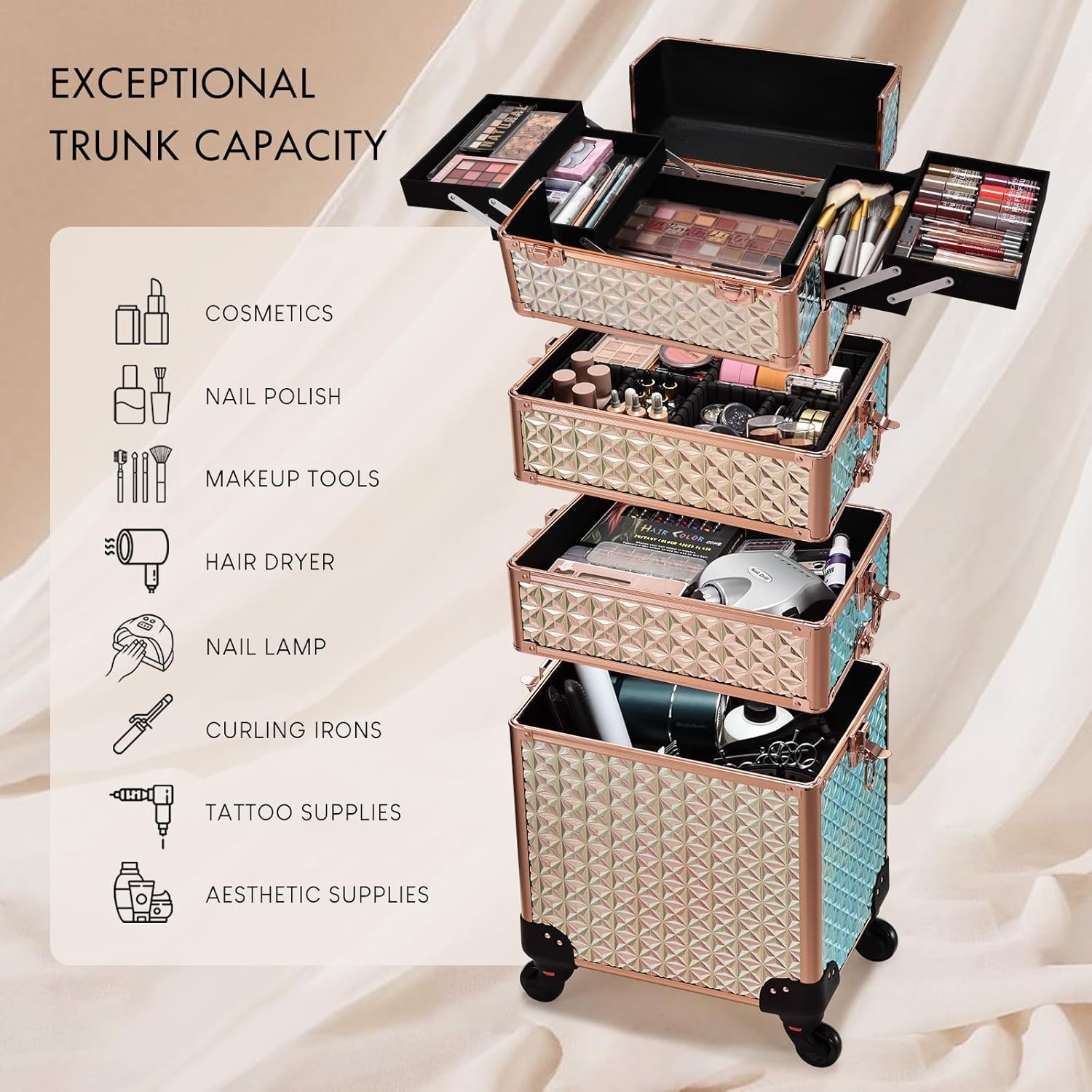 stagiant rolling makeup case cosmetology case on wheels 4 in 1 large cosmetic organizer train case makeup travel case with key swivel wheels nail artist salon storage traveling cart trunk rose gold shiny rose gold