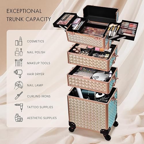 Vista 16 de Stagiant Estuche de tren de maquillaje rodante, estuche de cosmetología con ruedas, 4 en 1, estuche de cosméticos grande con ruedas, estuche