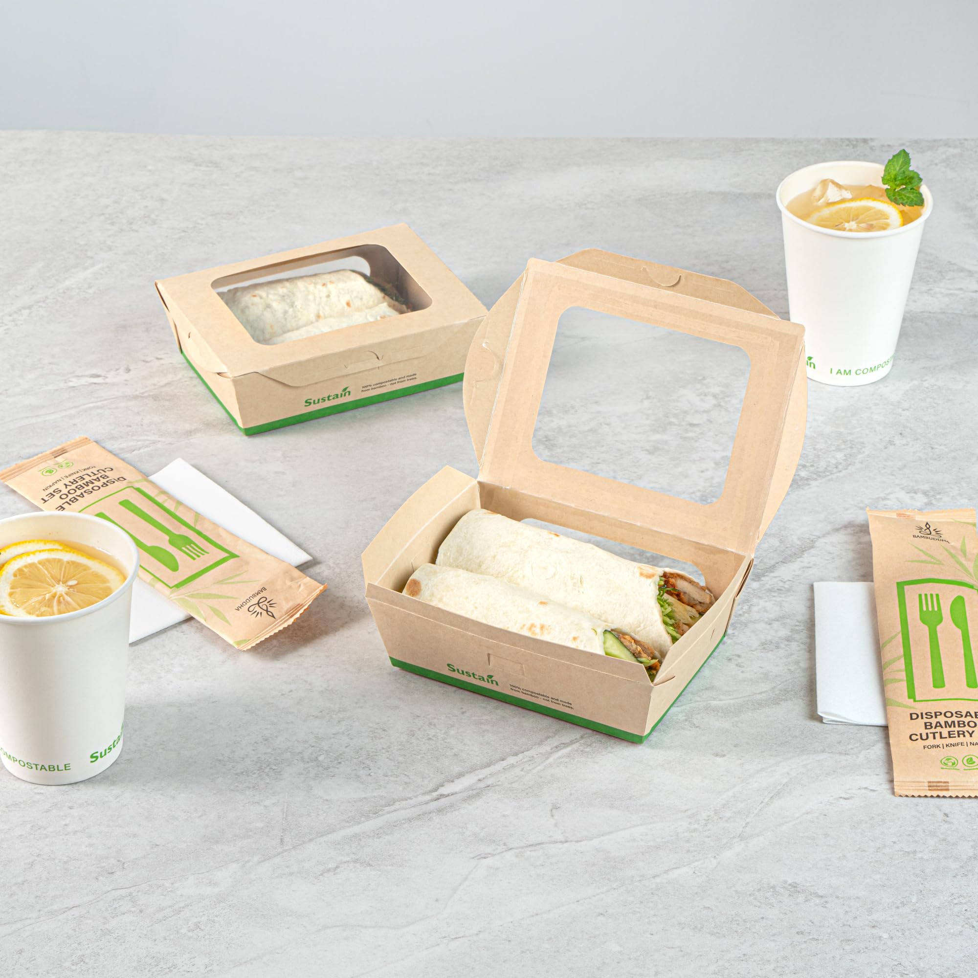 Restaurantware - Cajas de papel resistentes de 28 onzas, 50 recipientes desechables para alimentos, con forro de ácido poliláctico, dos ventanas transparentes de ácido poliláctico, contenedores de