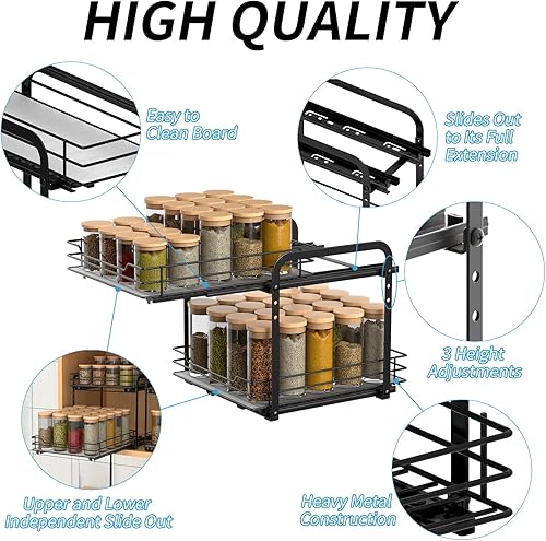 Miniatura 4 de Estante de especias de 2 niveles, organizador de gabinete extraíble, estantes de especias de altura ajustable, cesta de metal resistente para