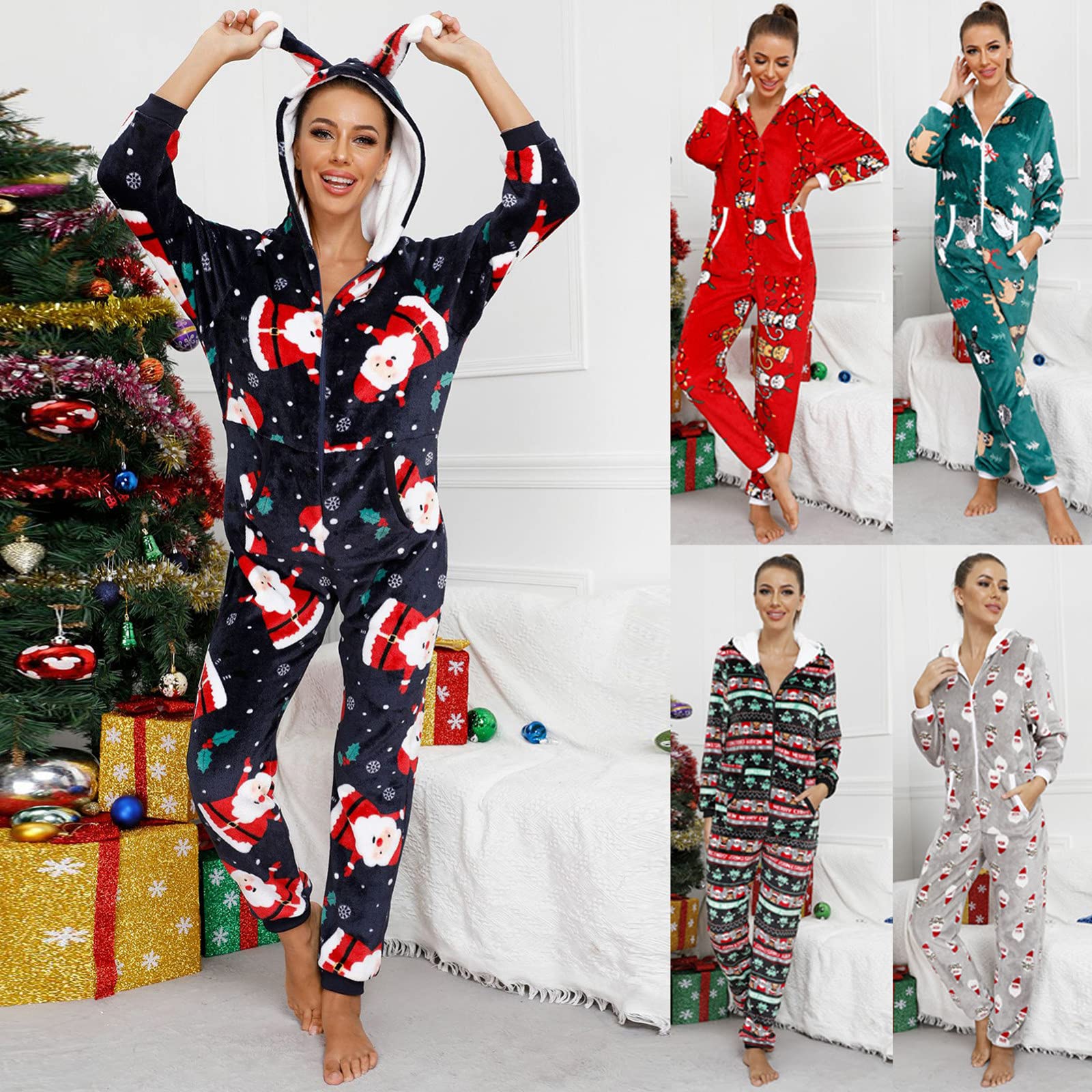 Generisch Mono de Navidad para mujer, mono de forro polar, pijama de manga larga, sudaderas con capucha, pijama, pijama de una pieza, térmico, ropa de dormir, ropa de noche, traje de casa de Navidad