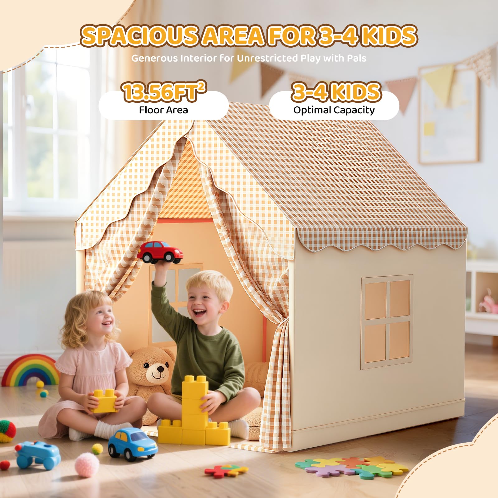 Casa Gioco Pieghevole Per Bambini, Grande Tenda Da Gioco Con Tenda Staccabile, Tessuto Lavabile E Amichevole Per La Pelle, Casa Gioco Rapida Da Assemblare Per 3-4 Bambini, Tenda Da Gioco Interna Per