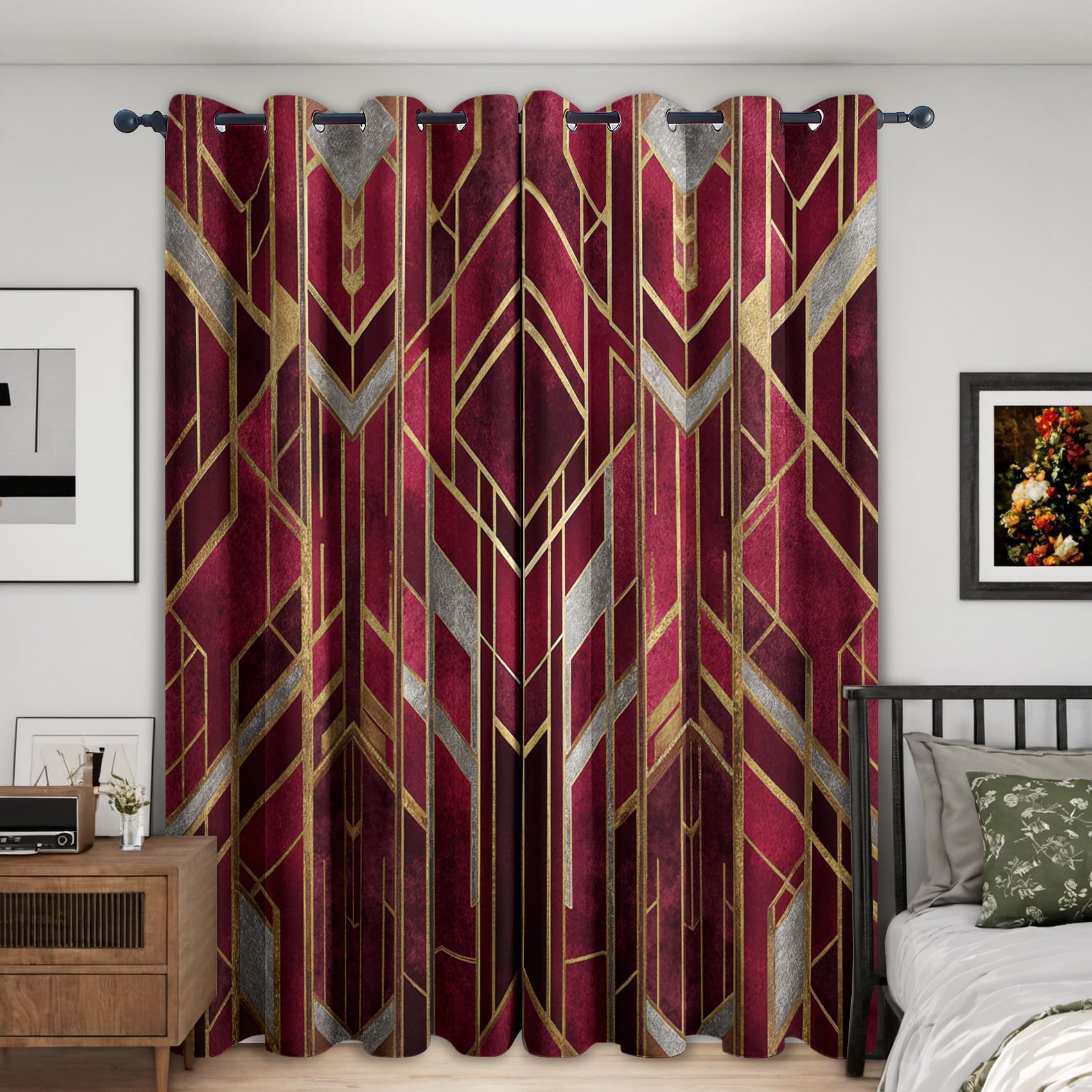 Rideau Occultant Géométrique Doré Bordeaux, Ancien Moderne Motif Rideaux Thermiques à Oeillets, Rideaux Imprimé pour Salon Chambre Fenetre Moderne Décoration, 140x240 cm (L x H), Lot de 2, D#420