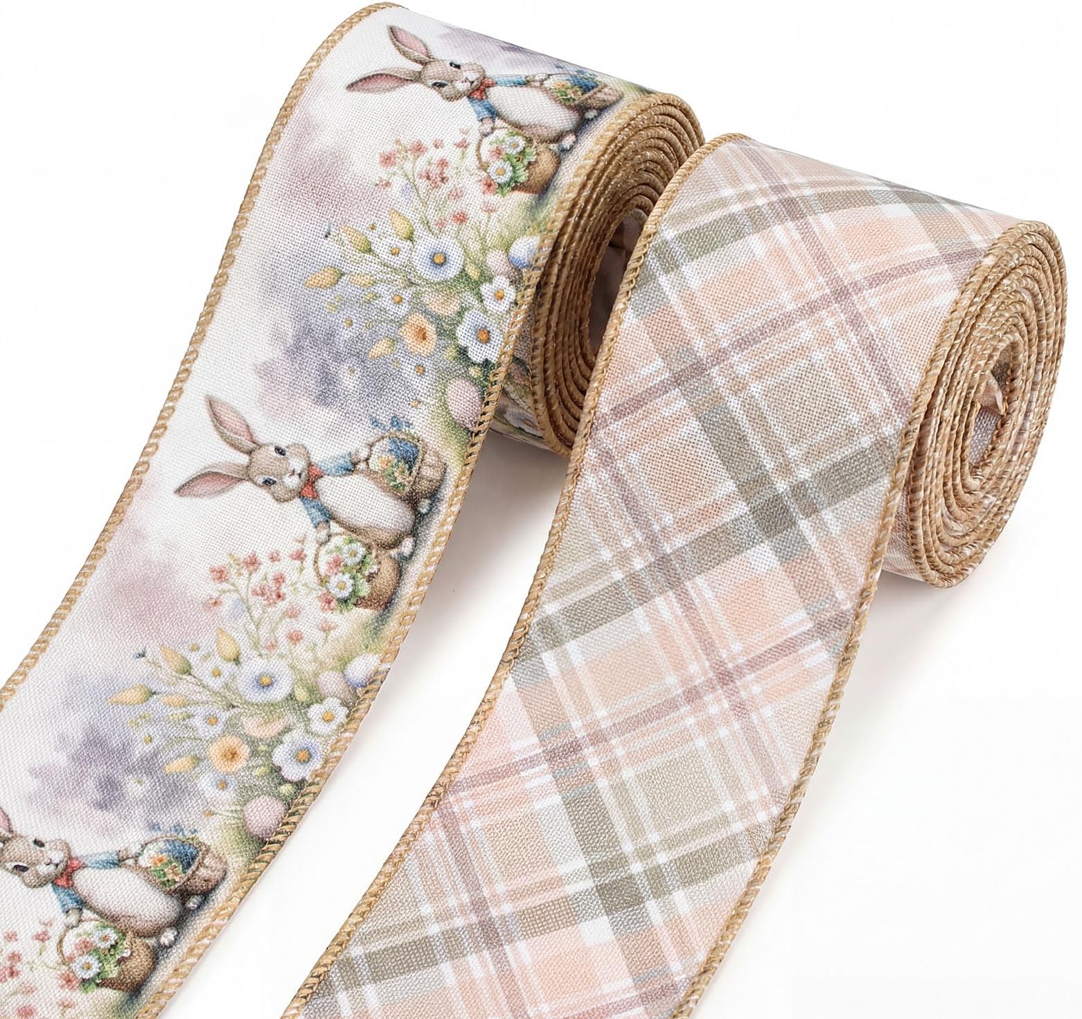 2 Rolls 2.5" × 5 Yd Spring Easter Ribbon Bunny Flower Eggs Wired Burlap Ribbon Buffalo Plaid Easter Decor Ribbons for Spring Wreath Tree Bow DIY Crafts Gift Wrapping Party Supplies