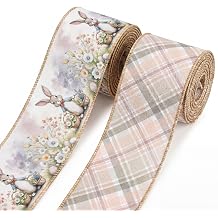2 Rolls 2.5" 5 Yd Spring Easter Ribbon Bunny Flower Eggs Wired Burlap Ribbon Buffalo Plaid Easter Decor Ribbons for Spring Wreath Tree Bow DIY Crafts Gift Wrapping Party Supplies