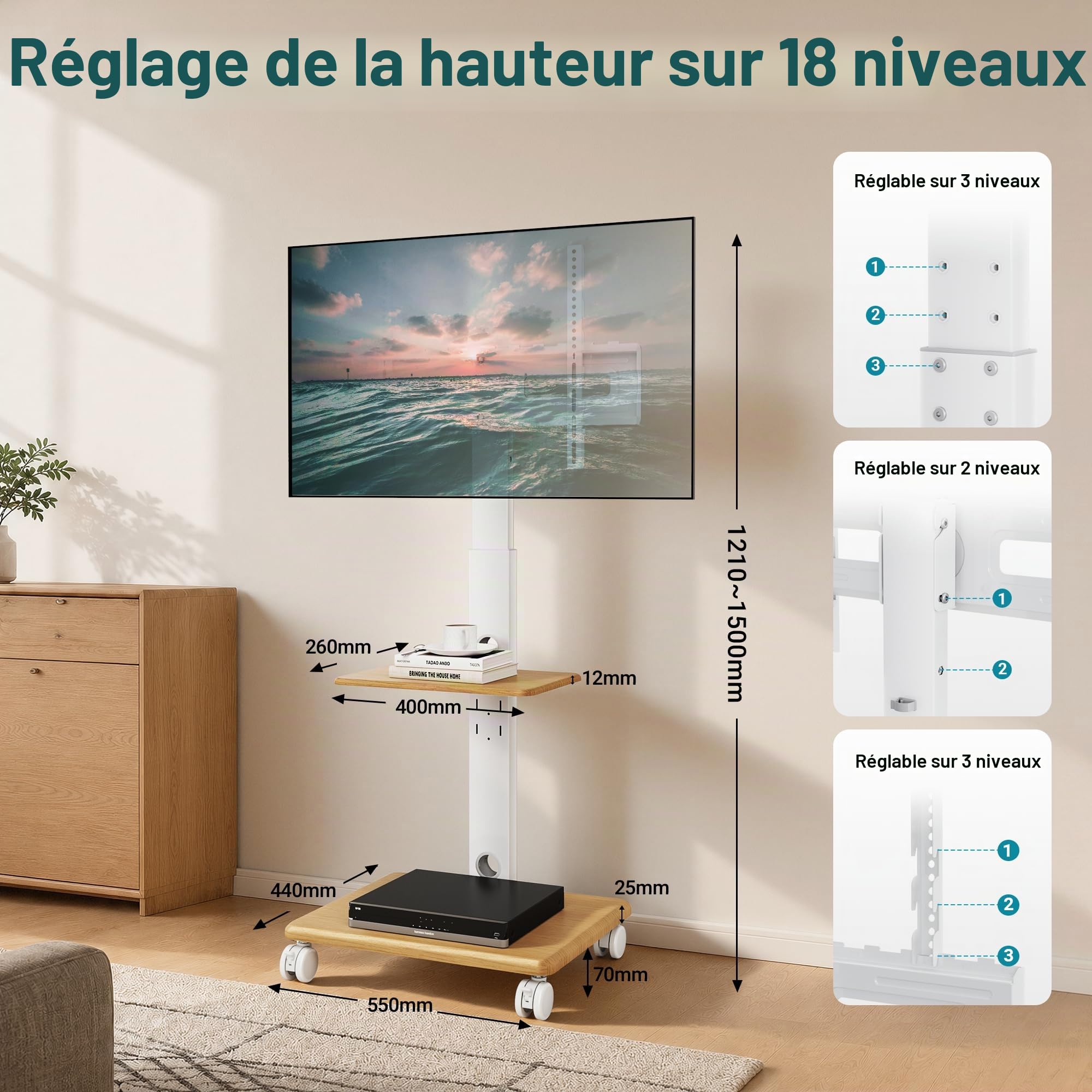 BONTEC Support TV sur Pied à 5 roulettes, 32-80 Pouces, Charge 60 kg | Pied TV Universel Hauteur Réglable 1210-1500 mm, Inclinaison, Pivotement, Socle en Bois, VESA 600 x 400 mm