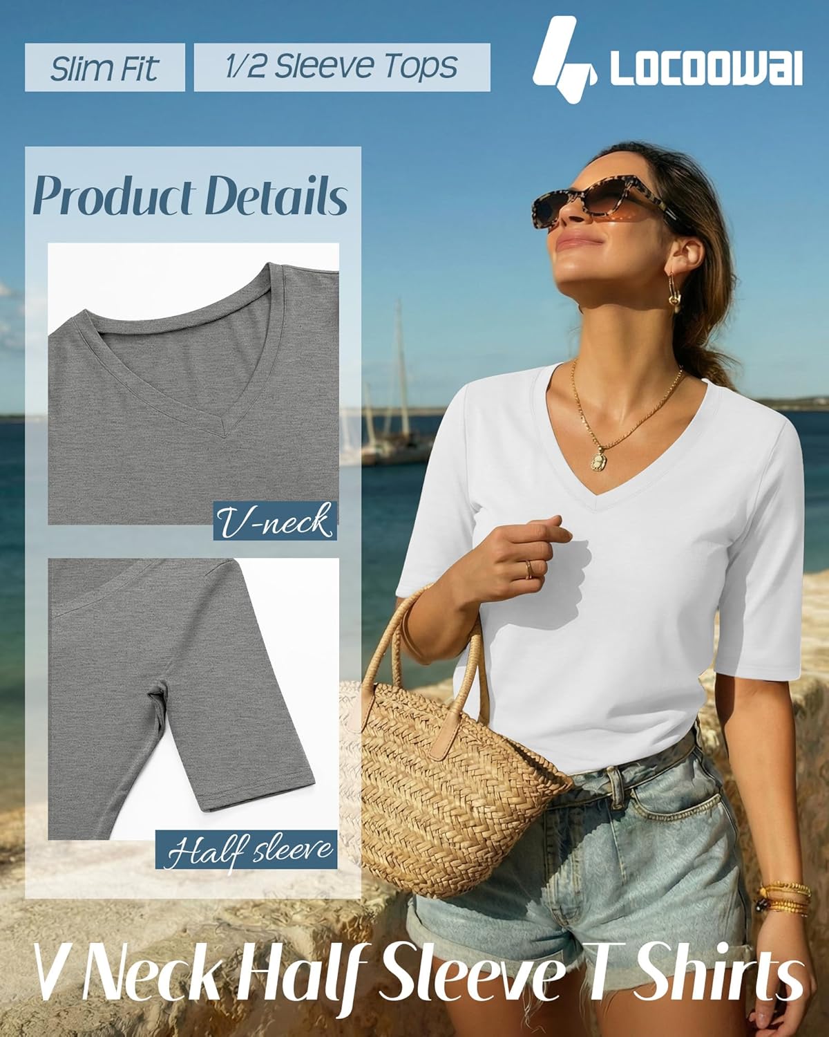 4 Pack Elbow Length Tee Shirts for Women V Neck Half Sleeve T Shirts Slim Fit 1/2 Sleeve Tops Basic Tees - Image 5