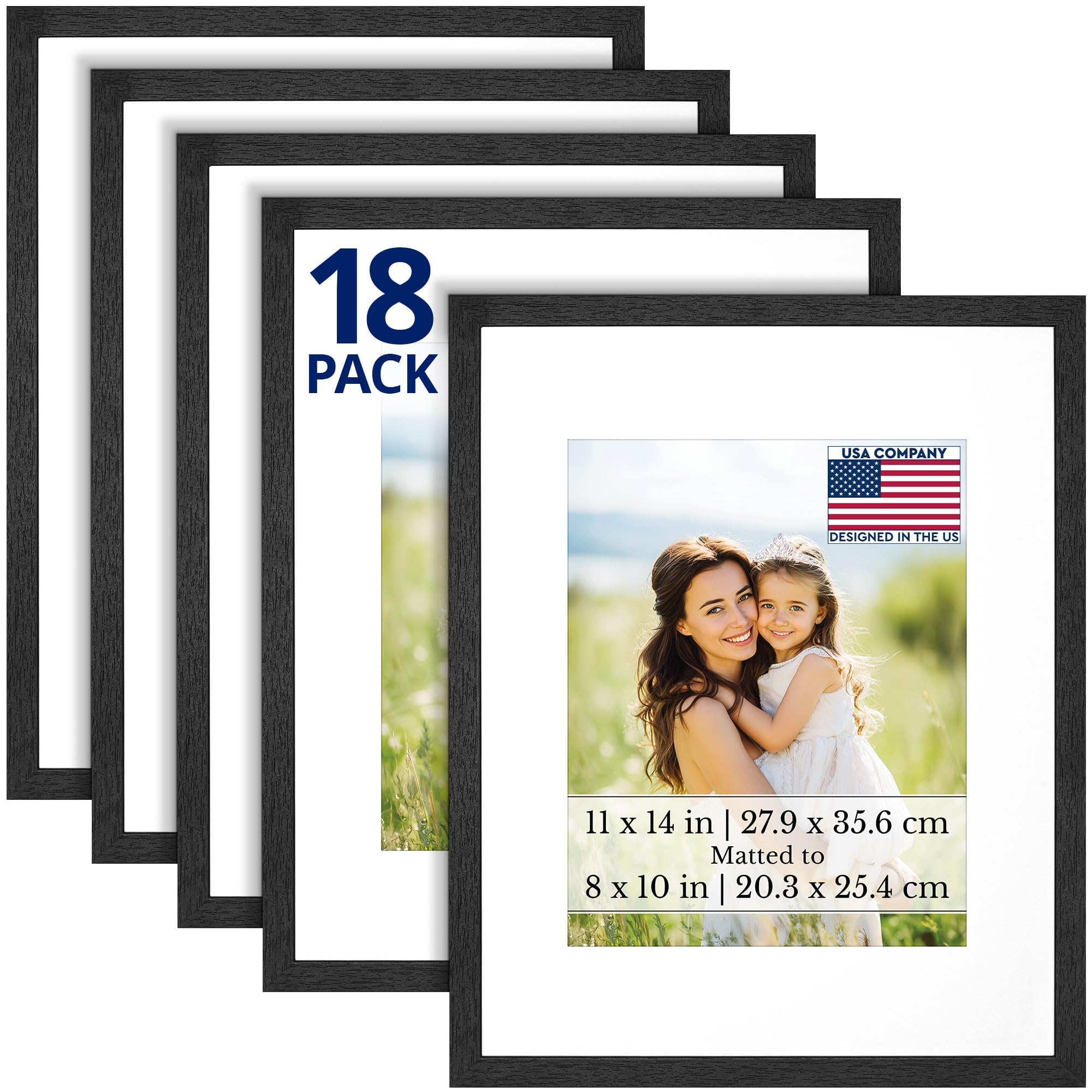 Icona Bay - 11x14 Photo Frames with Removable Mat for 8x10 Pictures - Black Balsam, 18 Pack - Modern Wood Grain Style with Shatterproof Cover Sheet - Tabletop/Wall-Mount - Northwood Collection