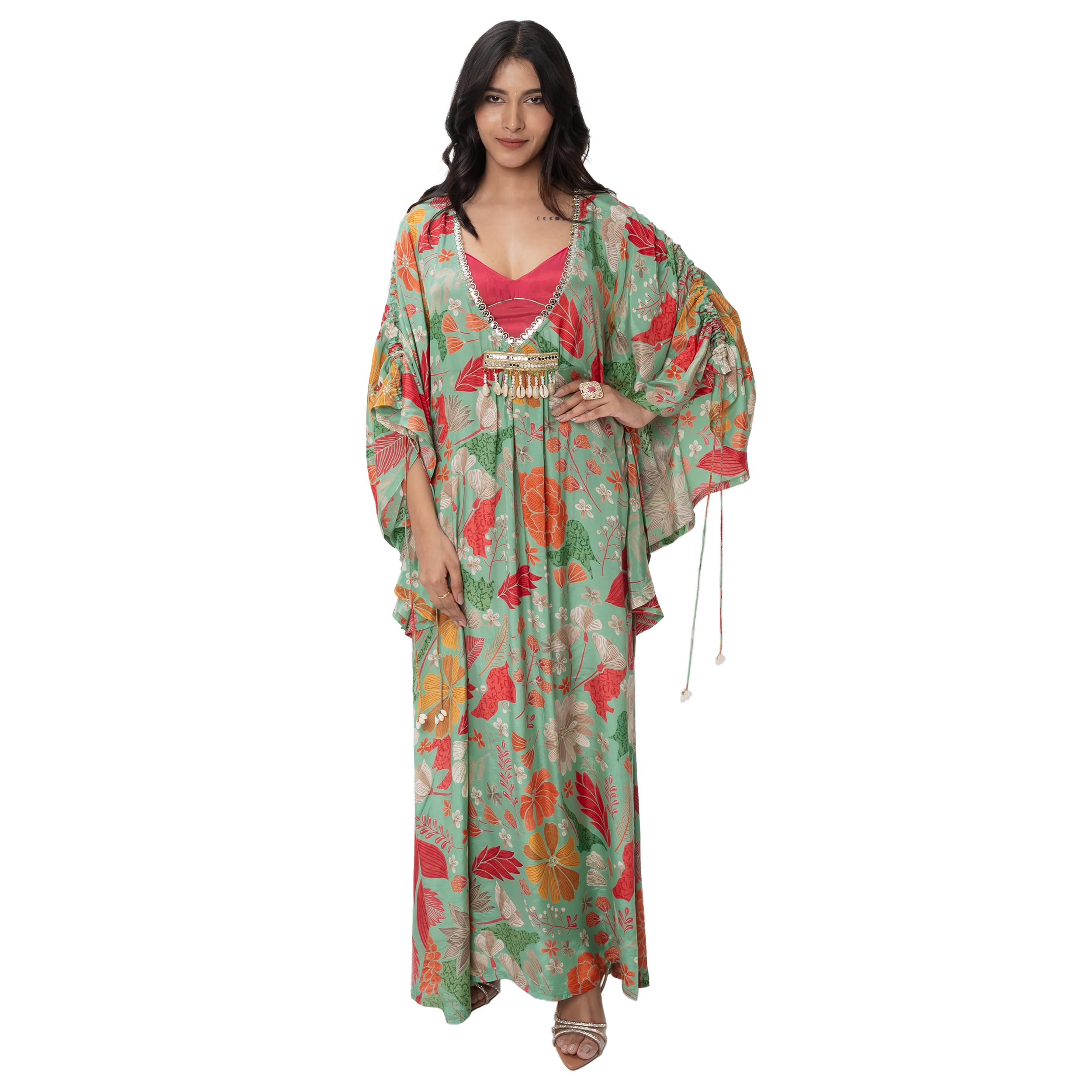 Green Kaftan Dresses for Women Stylish | Floral Printed Kaftan with Blouse | V Neck & Kaftan Sleeve Design | Straight Hemline Kaftan Suit Set for Women Pack of 1-image-22