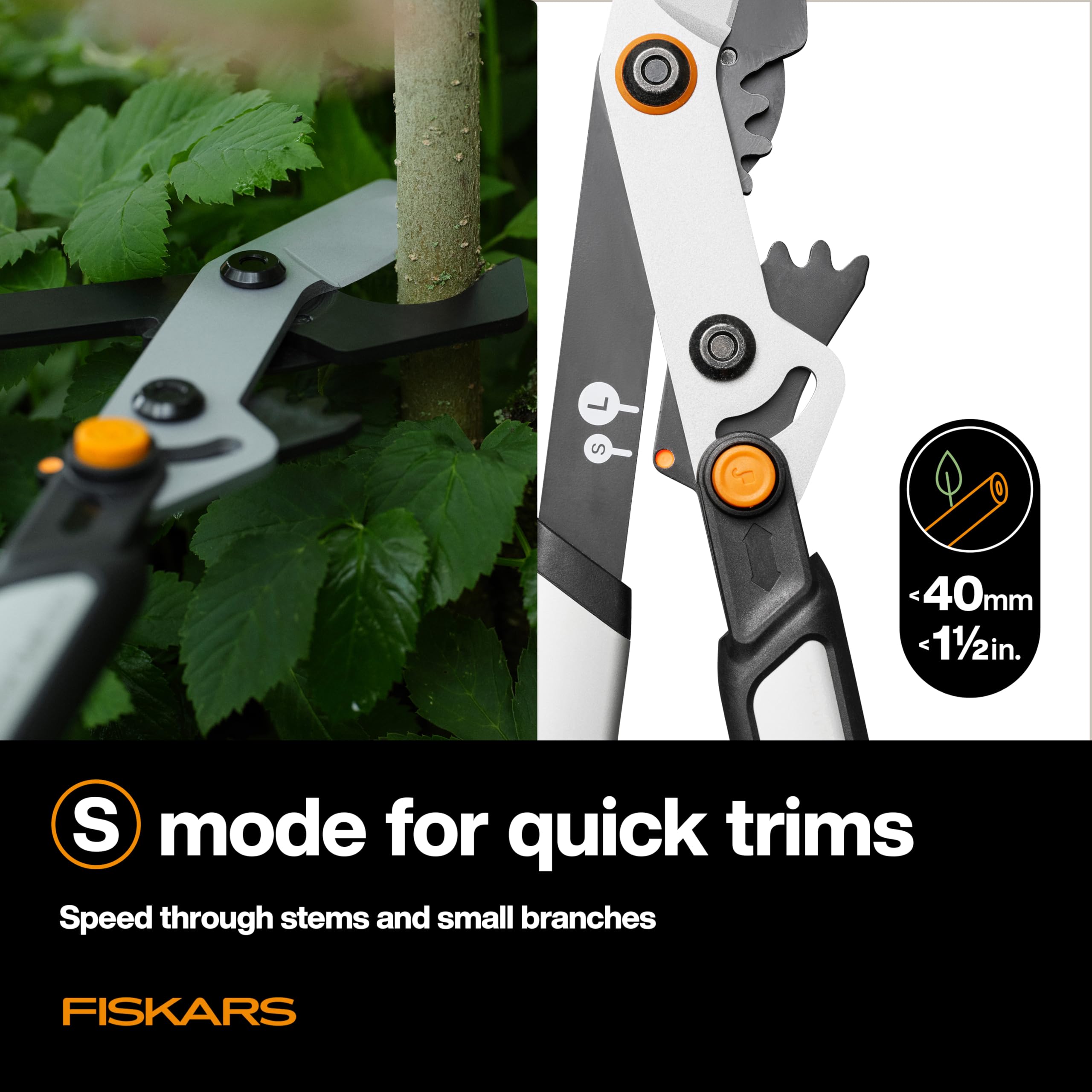 Fiskars DualAction Astschere, 2-in-1-Astschere mit Dual-Schneidmodi, S-Modus für präzise Scheren für Stiele, L-Modus für Kraft durch Äste, reibungsarme Stahlklinge, 5,1 cm Schnittkapazität