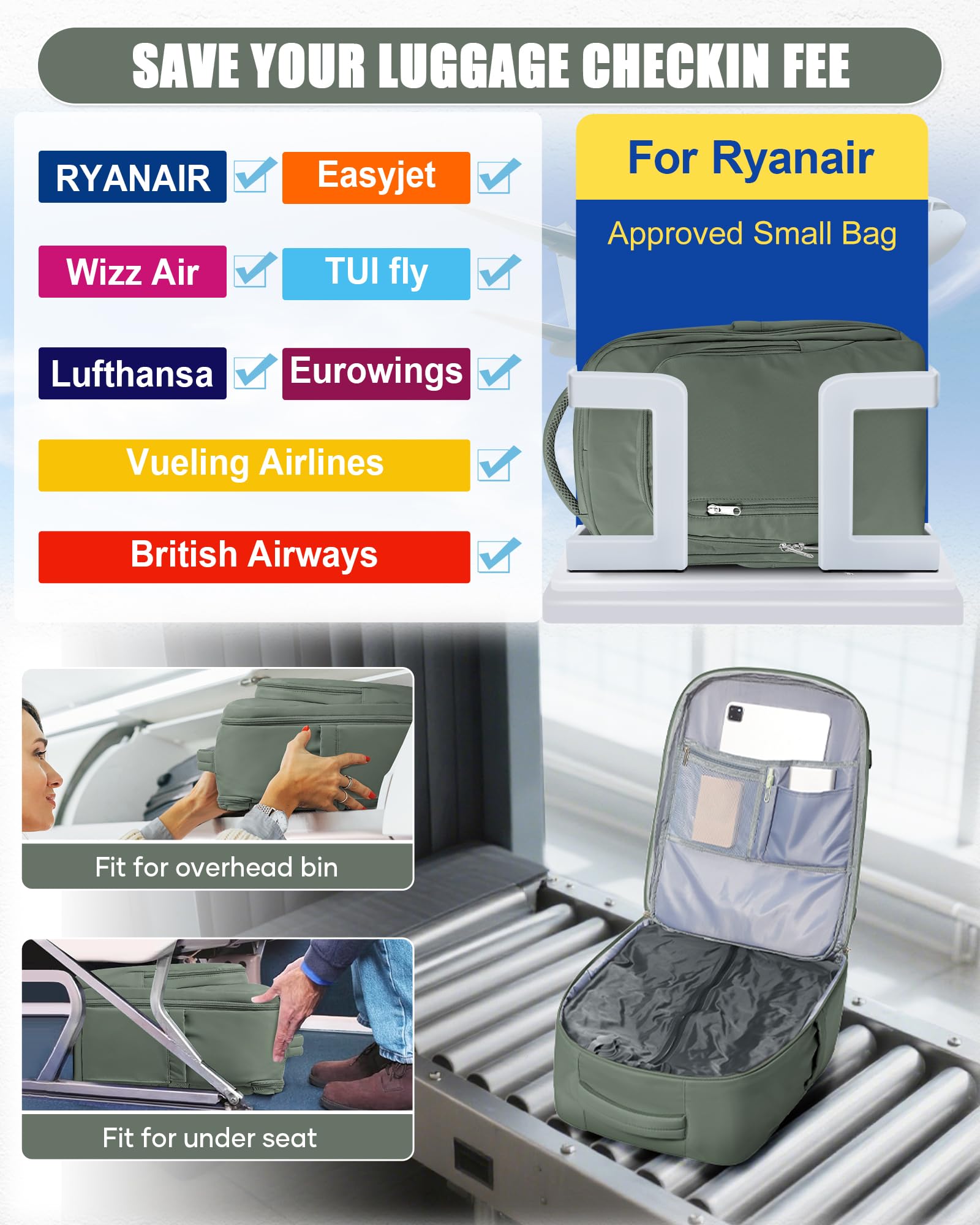 BJLFS Zaino Ryanair 40x30x20 Sottovuoto con Pompa Zaino da Viaggio Ryanair 40x20x25 Borse da Cabina per Wizzair Bagaglio a mano Easyjet Sottovuoto Zaino Casual per Laptop 14 Pollici
