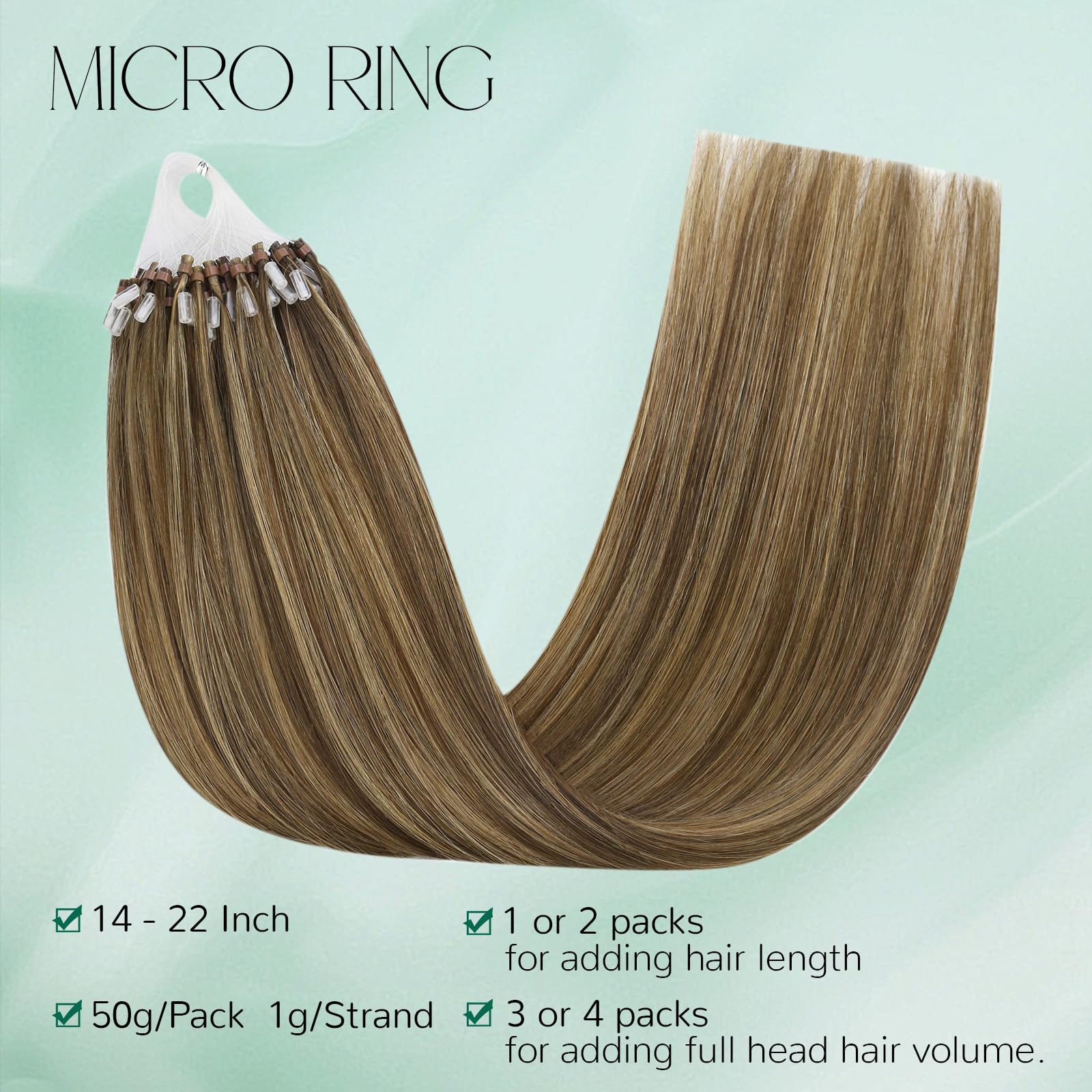 Easyouth Micro Bead Hair Extensions Real Human Hair Brown Microlink Hair Extension Brown Highlights Blonde Ring Hair Extensions Real Human Hair 14 Inch 50g 50s Short Straight Hairs - Image 3