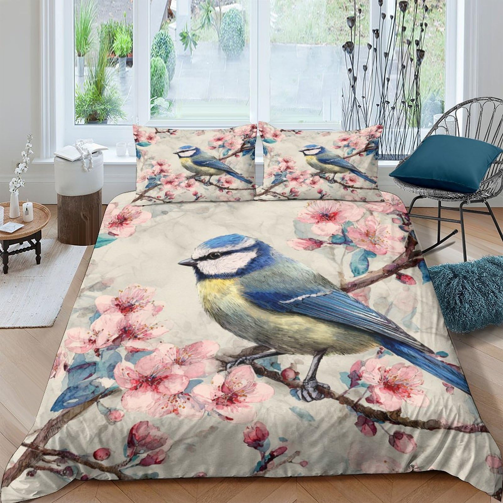 Ctjqhvkz Style-3 3D Printed Blue Tit Blossom Fitted Sheet Microfiber Soft Breathable Bird Flower Mattress Cover Bedroom Decor Single（135X200cm）