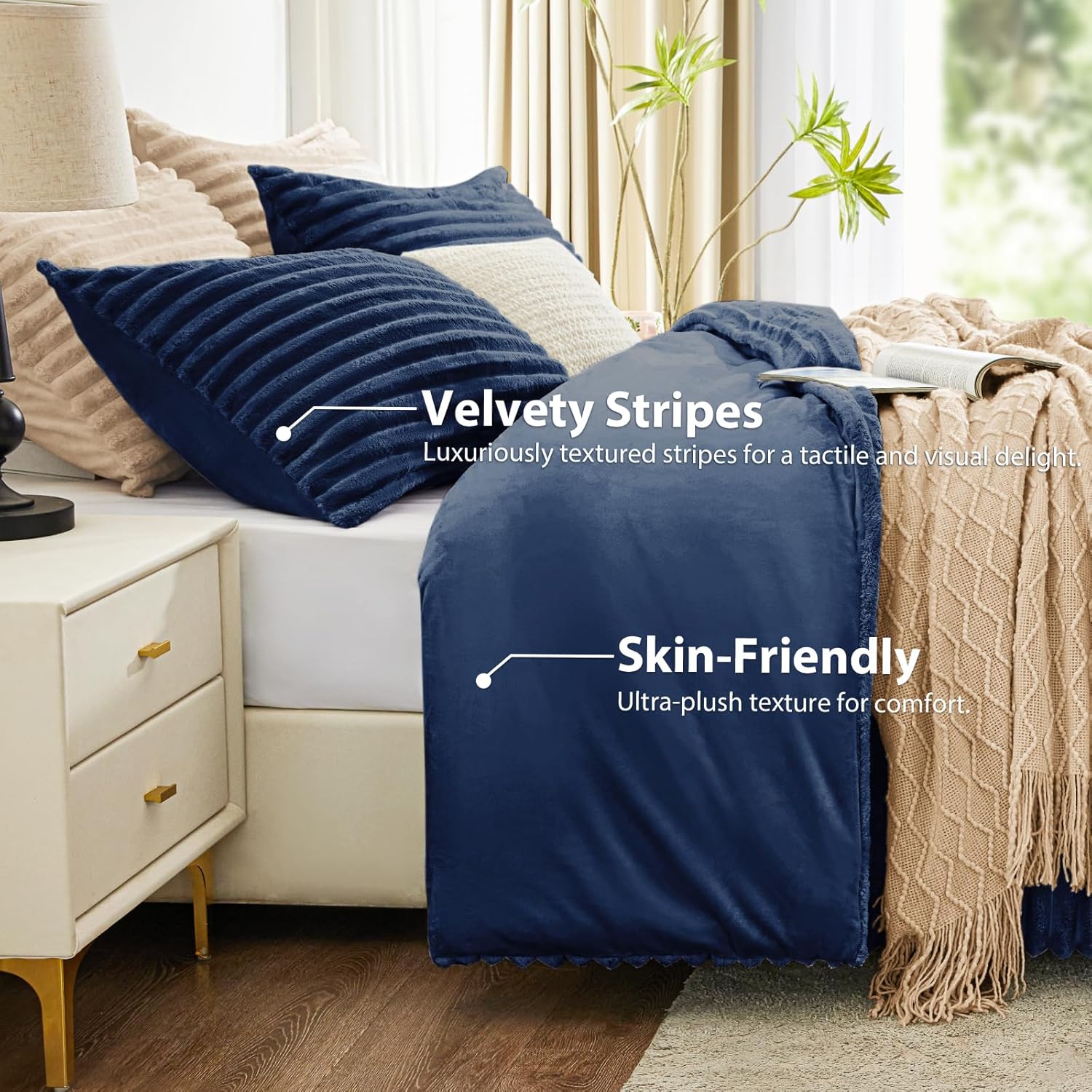 EXQ Home Fluffy Comforter Set Full Size - Super Soft Faux Fur Stripe Jacquard Comforter 3 Pieces, Navy Blue Fleece Bedding Set,Winter Warm Bed Set,1 Comforter with 2 Pillowcases - Image 4