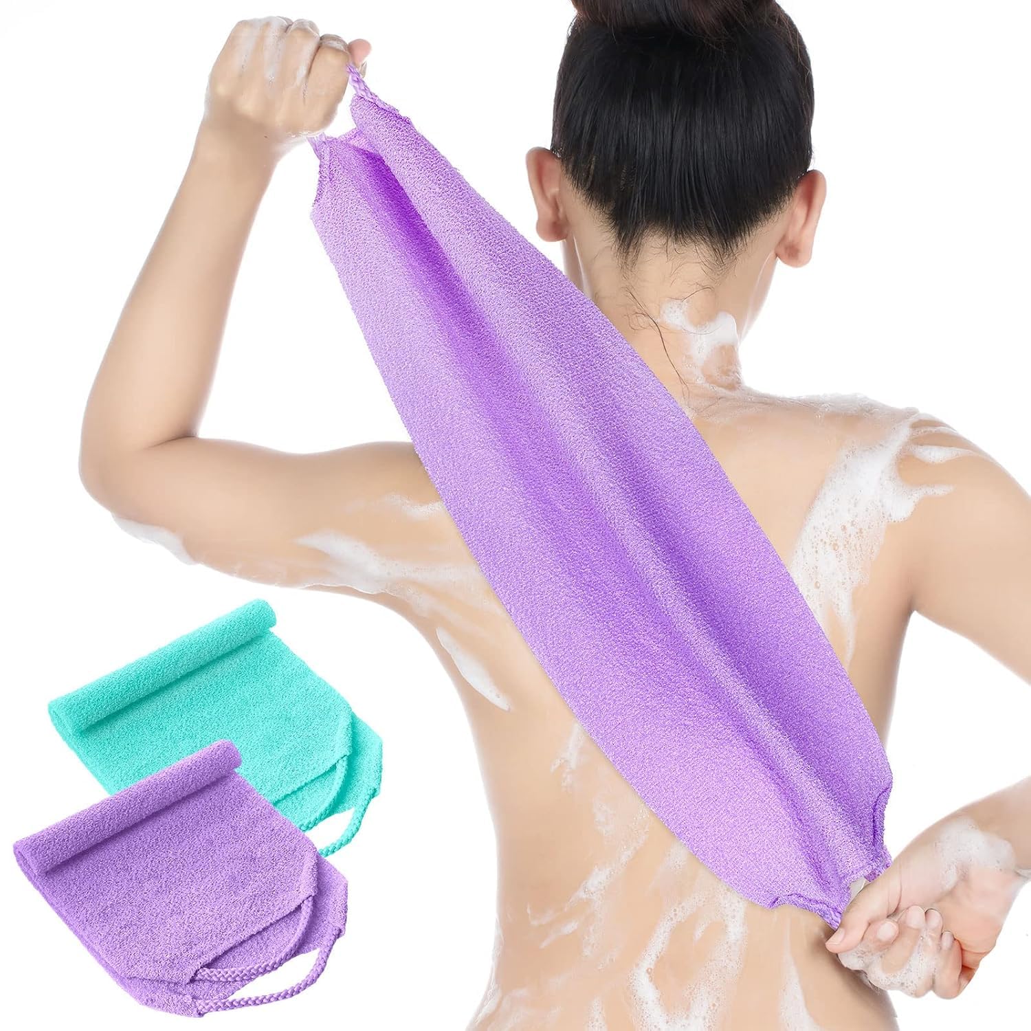 Back Scrubber for Shower Exfoliating Washcloth Back Cloth Body Extended Length Scrubber Towel Nylon Exfoliating Stretchable Pull Strap Wash Cloth for Bath Body Scrub Washcloth pack of 2 (PURPLE | MINT)-image-22