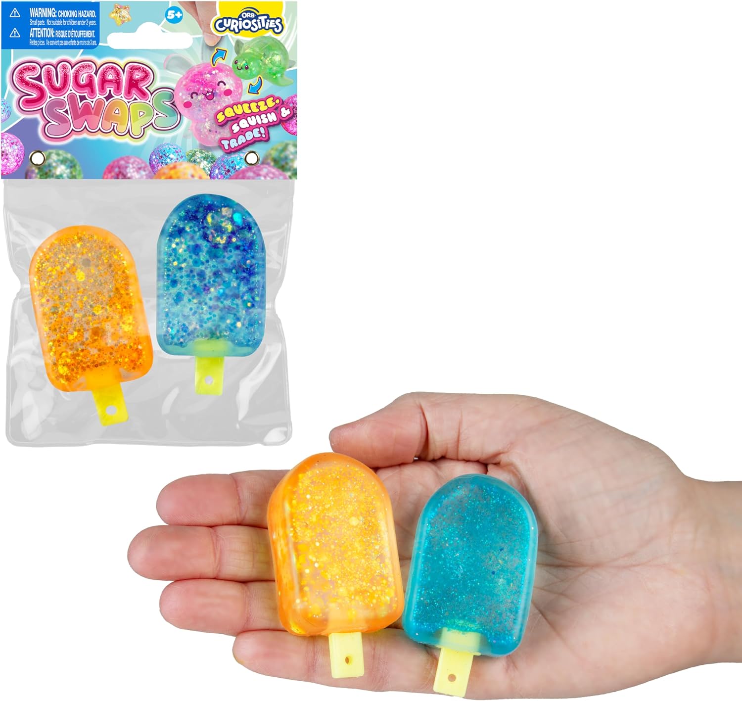 ORB Curiosities Strawberries and Popsicles Sugar Swaps 2 Pack - 4 Sparkly Sugar Strawberry and Popsicle Squishy Toys to Squeeze, Collect, and Trade - Stress, Sensory, Fidget Toys for Kids and Adults
