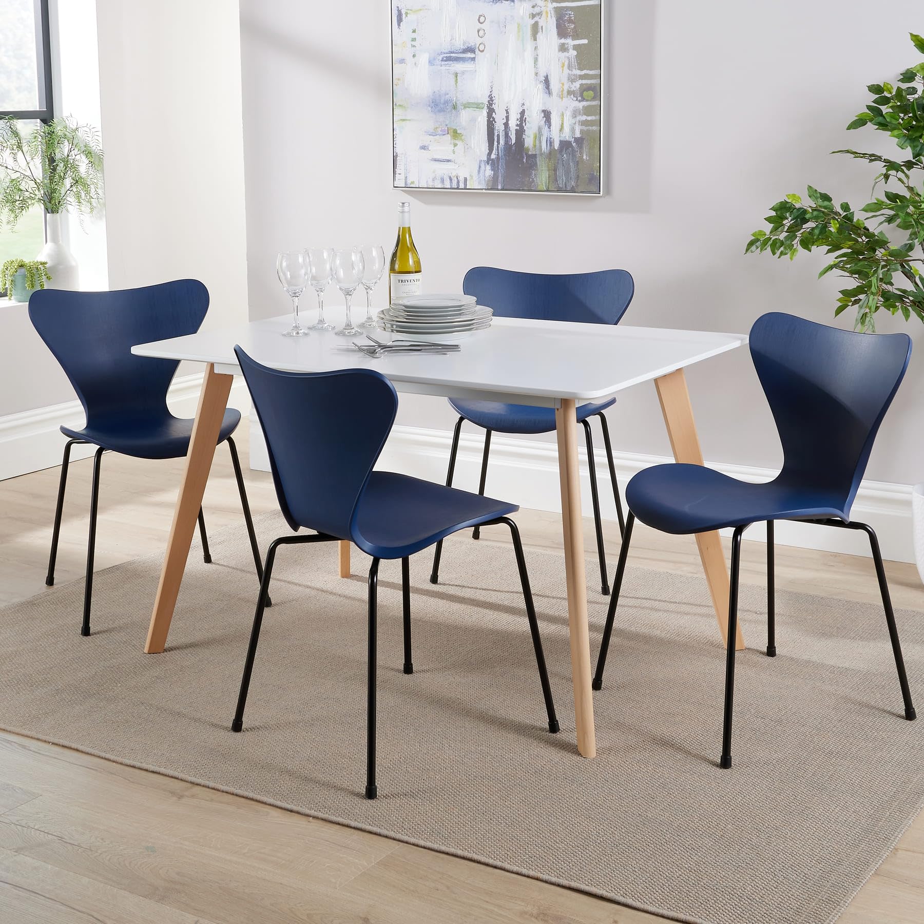 Home Source Kitchen Dining Table Set, 4 Blue Moulded Chairs, 120cm White Top Table