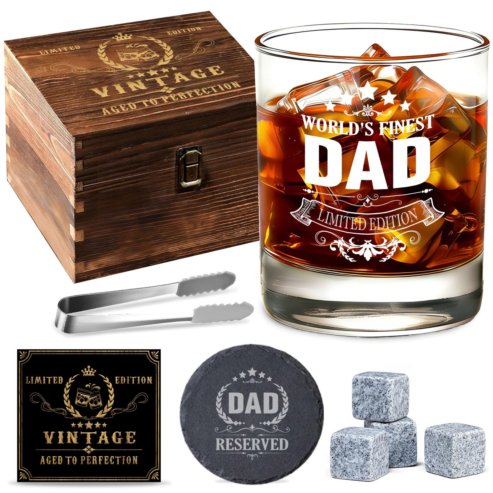 Timogift Dad Birthday Gifts, Engraved Whisky Glass Set with Wooden Gift Box