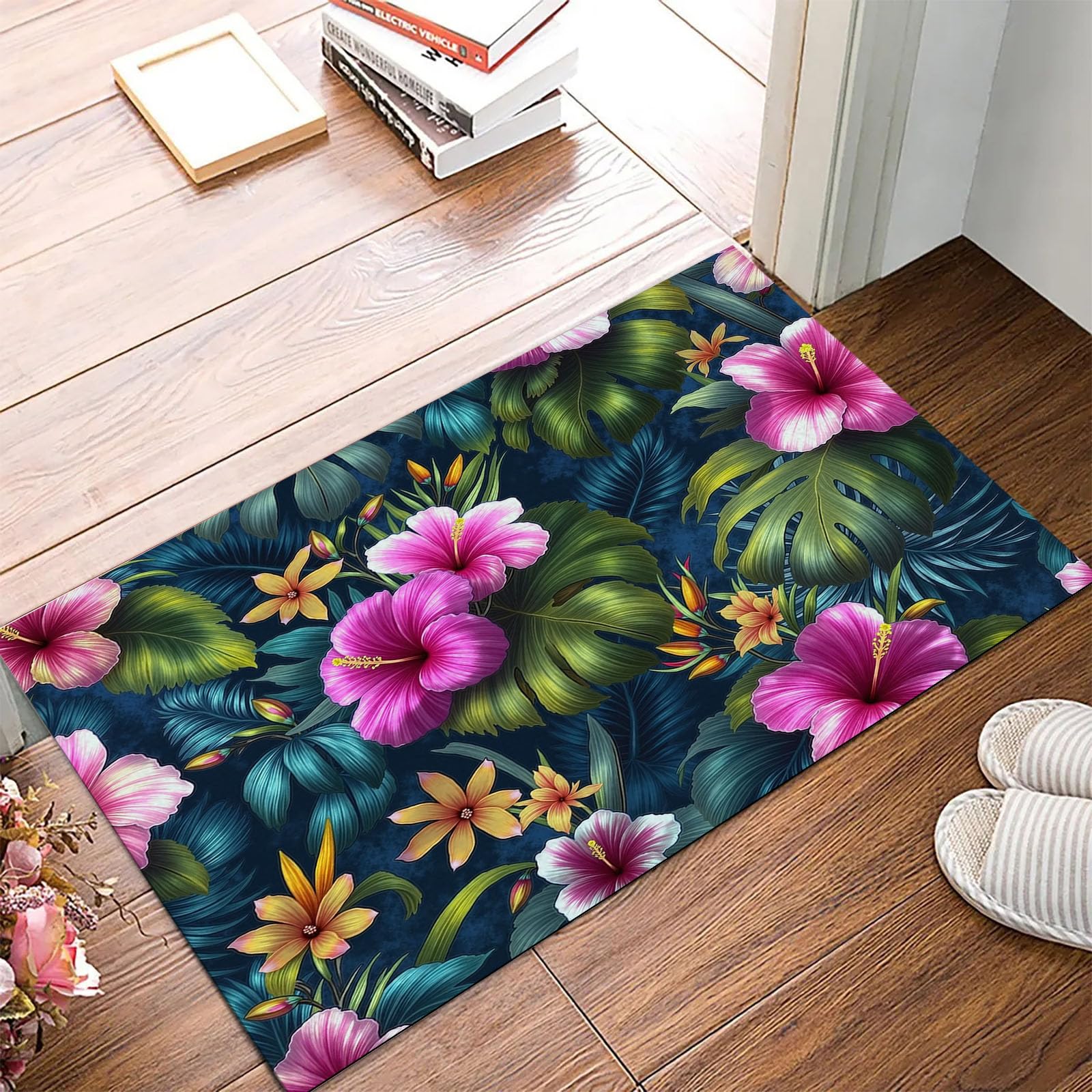 Paillasson de intérieur Antidérapant, Tapis de Tropical Charme, Tapis Salle de Bain Flanelle Douce, Absorbant l'eau, pour Cuisine (Hibiscus Plante À Feuilles, 80x120cm
