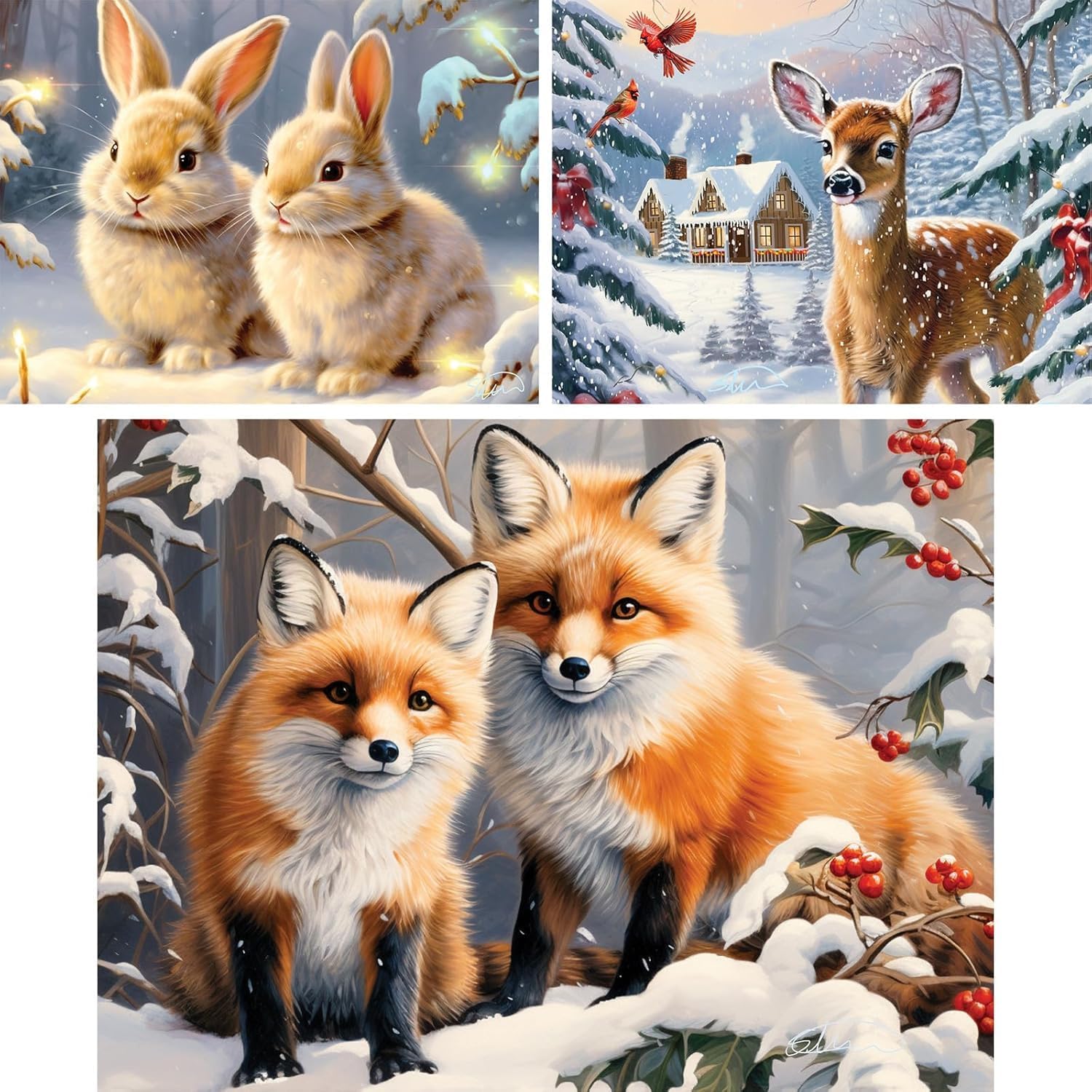 Bits and Pieces - Value Set of Three (3) - Cute Winter Animals Jigsaw Puzzles for Adults - Jigsaws Puzzle Bundle by Stewart - 18” x 24” Each (300 Piece Puzzle)
