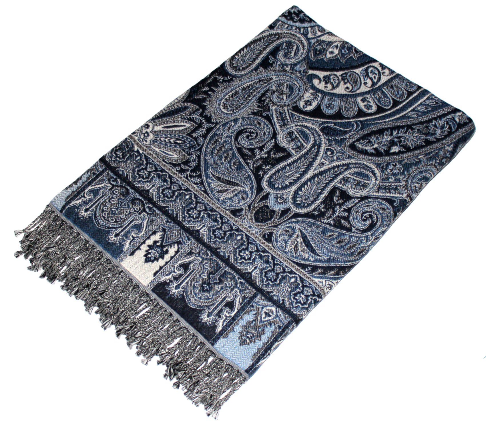 Lorenzo Cana Wolldecke Jacquard gewebt aus Baumwolle mit feinster Wolle vom Merinolamm Schwarz Weiss Blau Paisley Wohndecke Decke Wolle Sofadecke Kuscheldecke Plaid 140 cm x 200 cm 96244