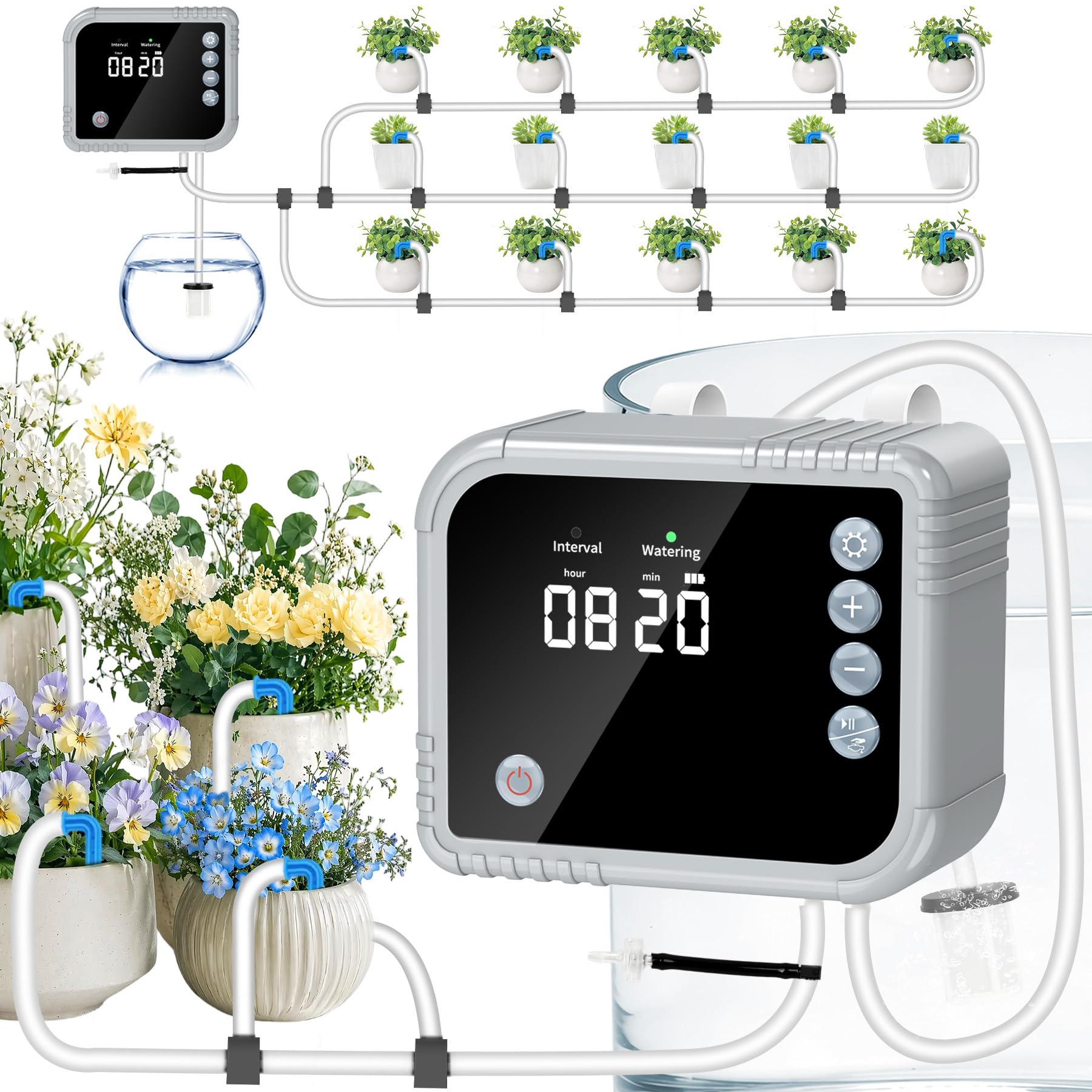 Sistema de riego automático de riego por goteo para riego de plantas interior, pantalla LCD, suministra hasta 15 macetas, 350 modos para vacaciones, balcón