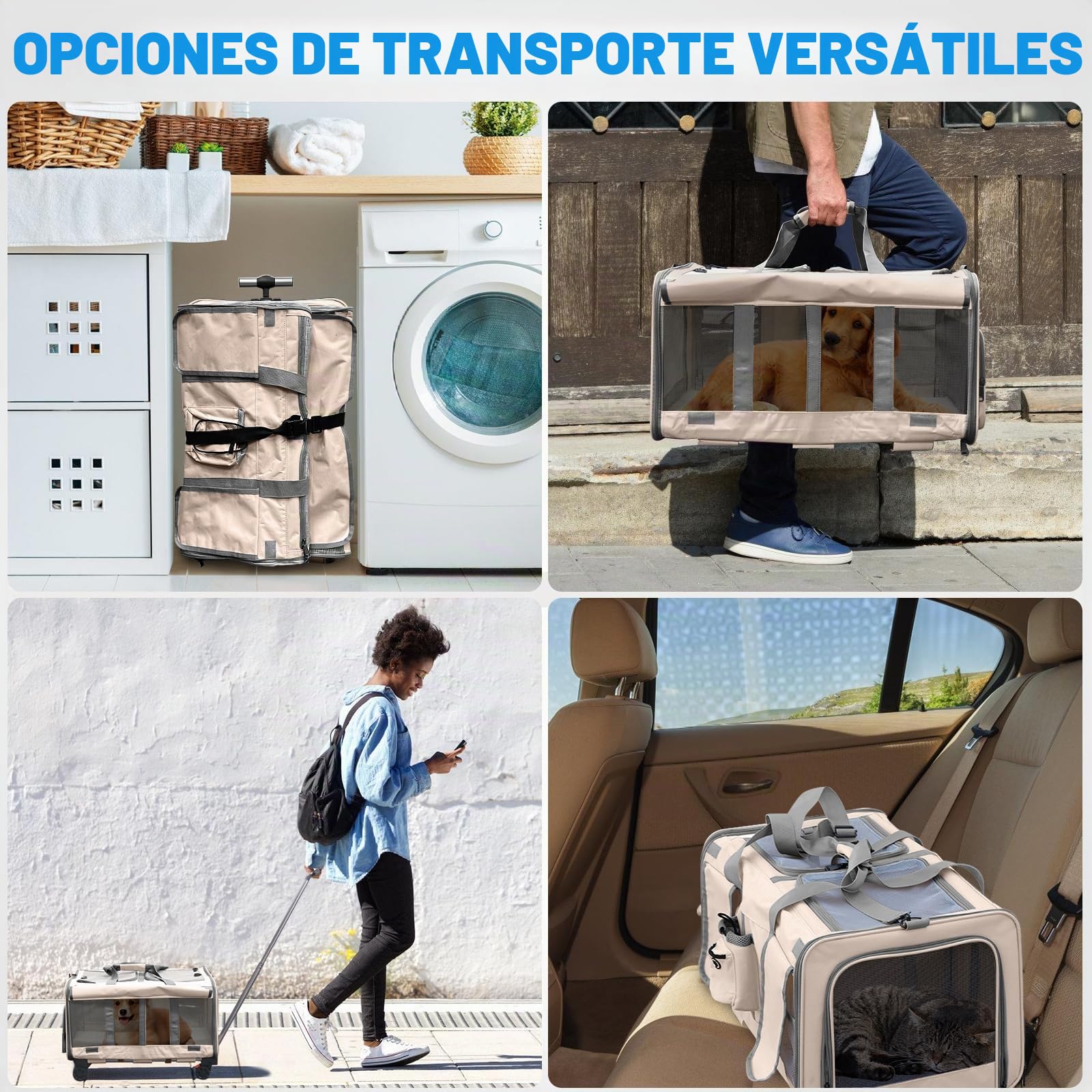 Transportín grande para gatos para 2 animales, transportador plegable con ruedas, compartimentos desmontables 2 en 1, con varita para gato y correa de almacenamiento