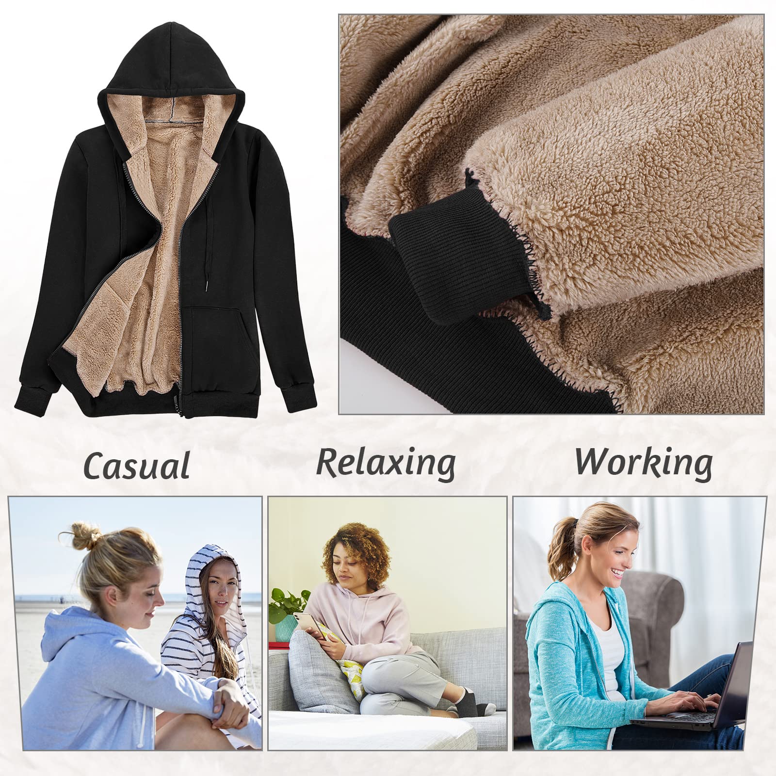 Voqeen Felpe Donna con Cappuccio Caldo Felpa in Peluche Cerniera Coulisse con Tasca Cappuccio Cordoncino Manica Lunga Sweatshirt Hoodies Cappotto Giacca Autunno Inverno