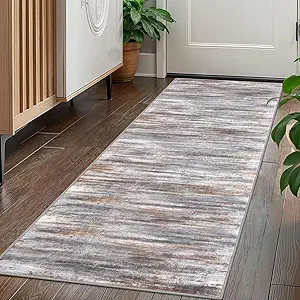 KOZYFLY Kitchen Runner Rug for Hallway Non-Slip Modern Abstract Runner Rug 2x5 Grey Brown, Washable Carpet Runner Laundry Room Mat with Soft Low Pile for Entryway Bathroom Bedroom Kitchen