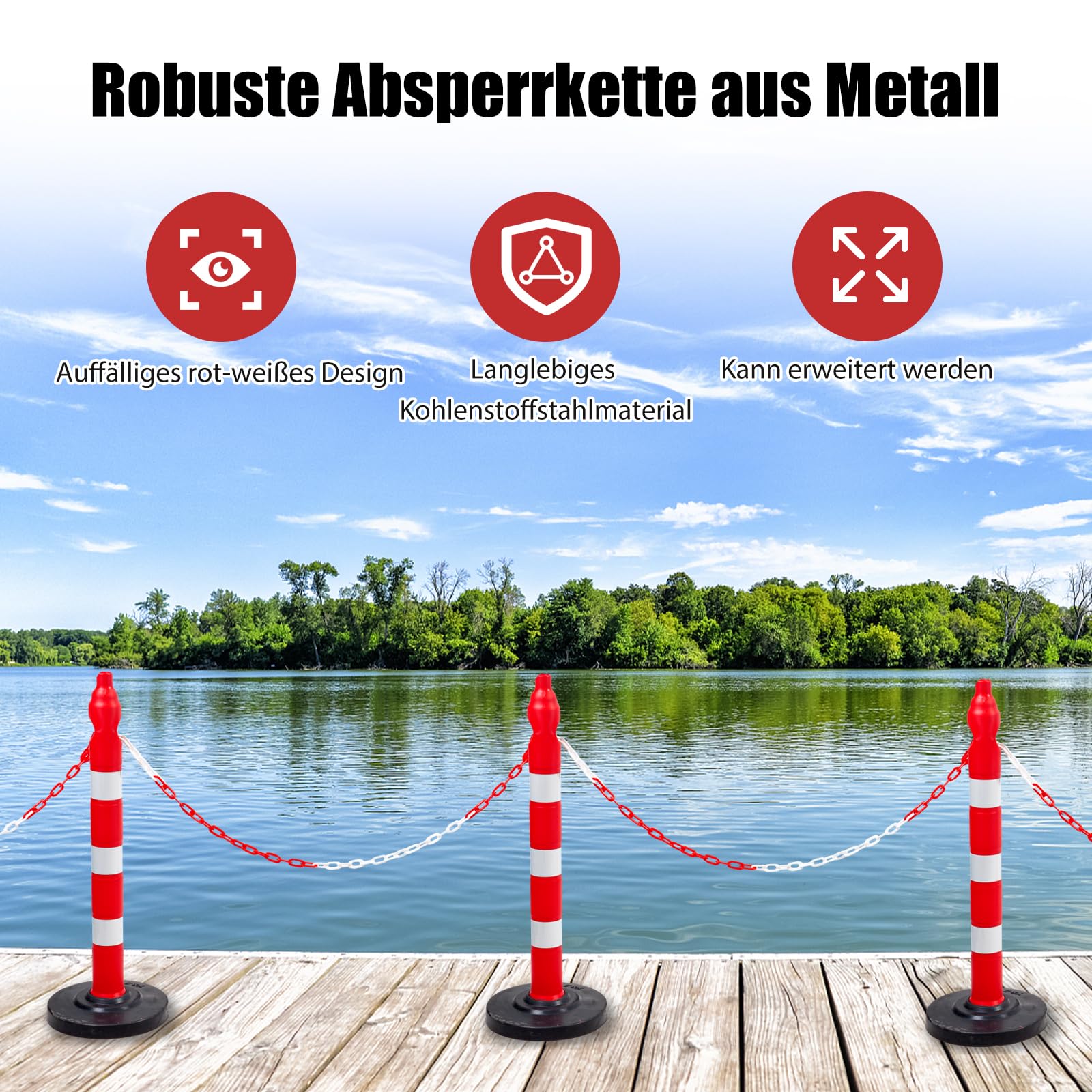 Absperrkette Stahlkette, 15M Rot Weiß Metall Warnkette Stahl Sicherheitskette 5mm Dicke mit Verbindungsschnalle, Gliederkette für Parkplätzen Baustellen Straßen (15 Meter)