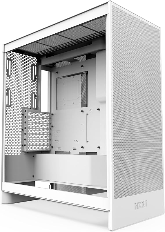 NZXT H7 Flow - Mid-Tower ATX Airflow PC Case - White | Airflow-first ATX mid-tower. Bottom-mount fans for direct GPU cooling, 420mm front radiator support, clean cable routing.
