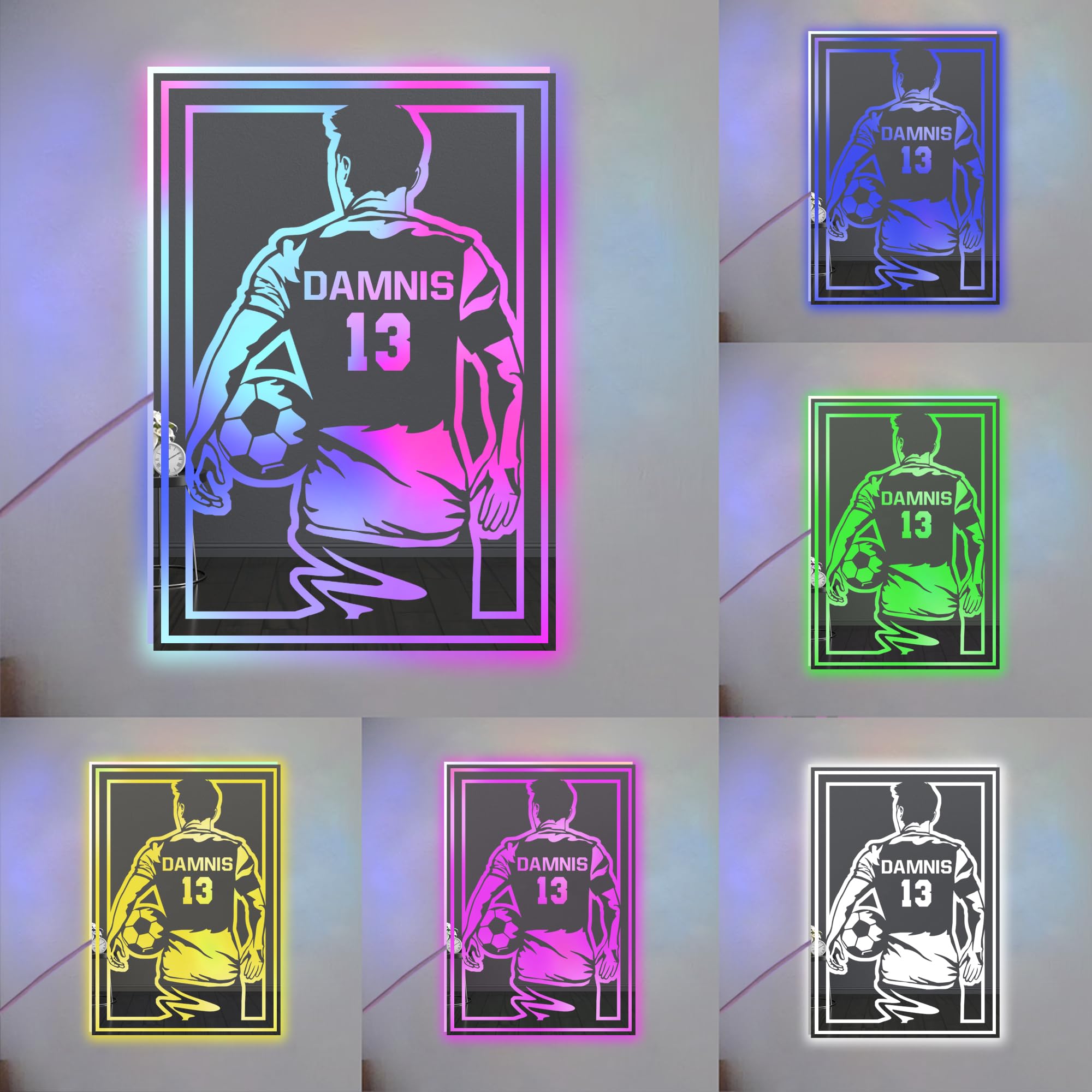 LALILIESS Personalized Soccer Mirror Led Light, Custom Name & Number Football Player Acrylic Mirror Neon Sign, Birthday Football Sports Wall Art Bedroom Decor Gift for Boys Girls Kids Soccer Lover