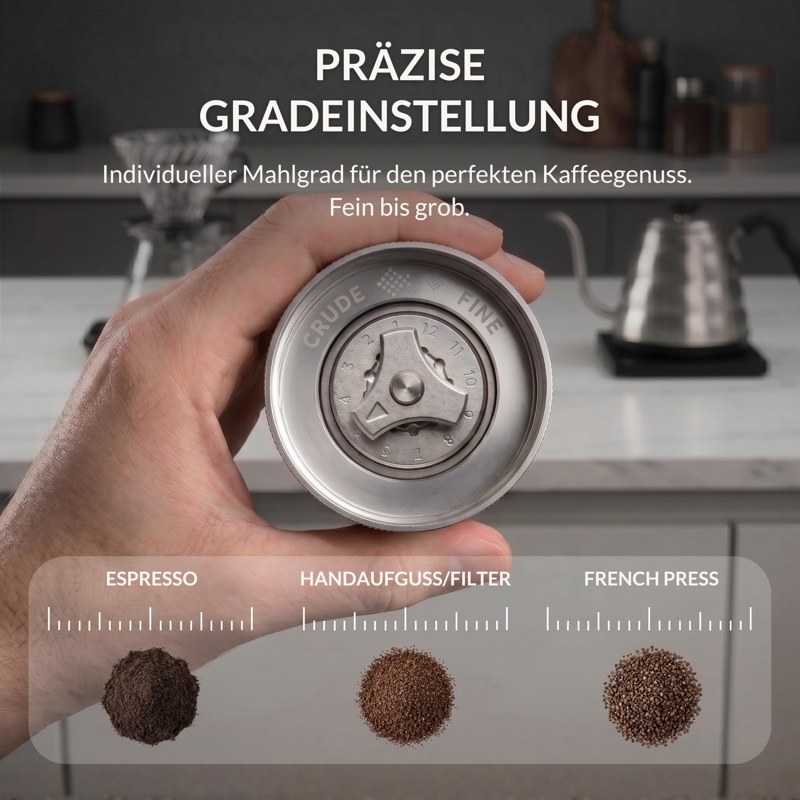 Thiru Handkaffeemühle manuell, Testsieger 2026*, Edelstahl-Kegelmahlwerk mit 60 Mahlgraden & Doppellager – Espresso mit Crema, Filterkaffee & French Press, Holzgriff & 2 Glasbehälter (Walnussgriff)