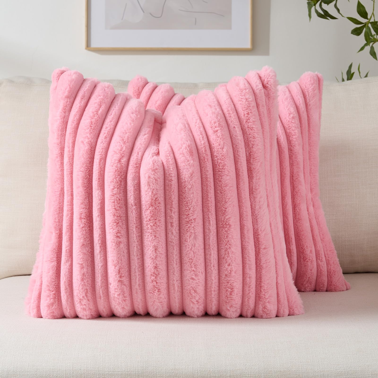 FUTEI Set of 2 Fluffy Faux Rabbit Fur Cushion Covers 40x40 cm,Bright Pink