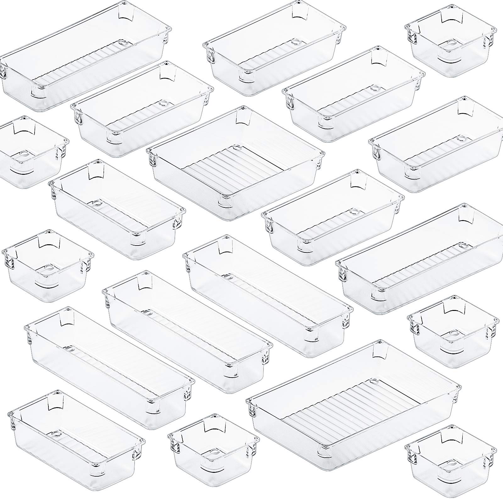 Fixwal 20pcs Clear Makeup Drawer Organizer Set 5 Size Drawer Tray Dividers Organizers Versatile Kitchen Utensil Bathroom Office Storage Divider Bin for Desk Dresser Vanity Cabinet