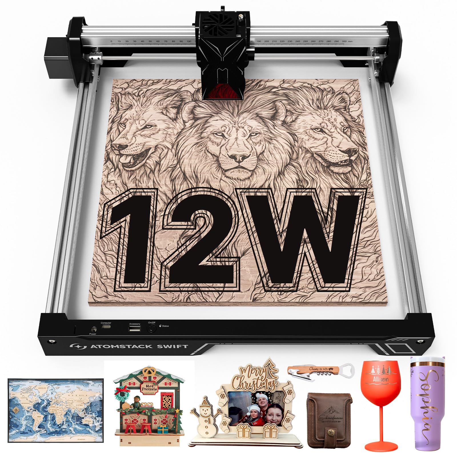 ATOMSTACK Swift 12W Laser Graviermaschine Lasergravierer Für DIY-Chargenanpassung Serie Laserschneider 0,01 mm Hochpräzise Laser Cutter Für Holz Und Leder,Gravurfläche 300 × 300 mm (SWIFT 12W Schwarz)