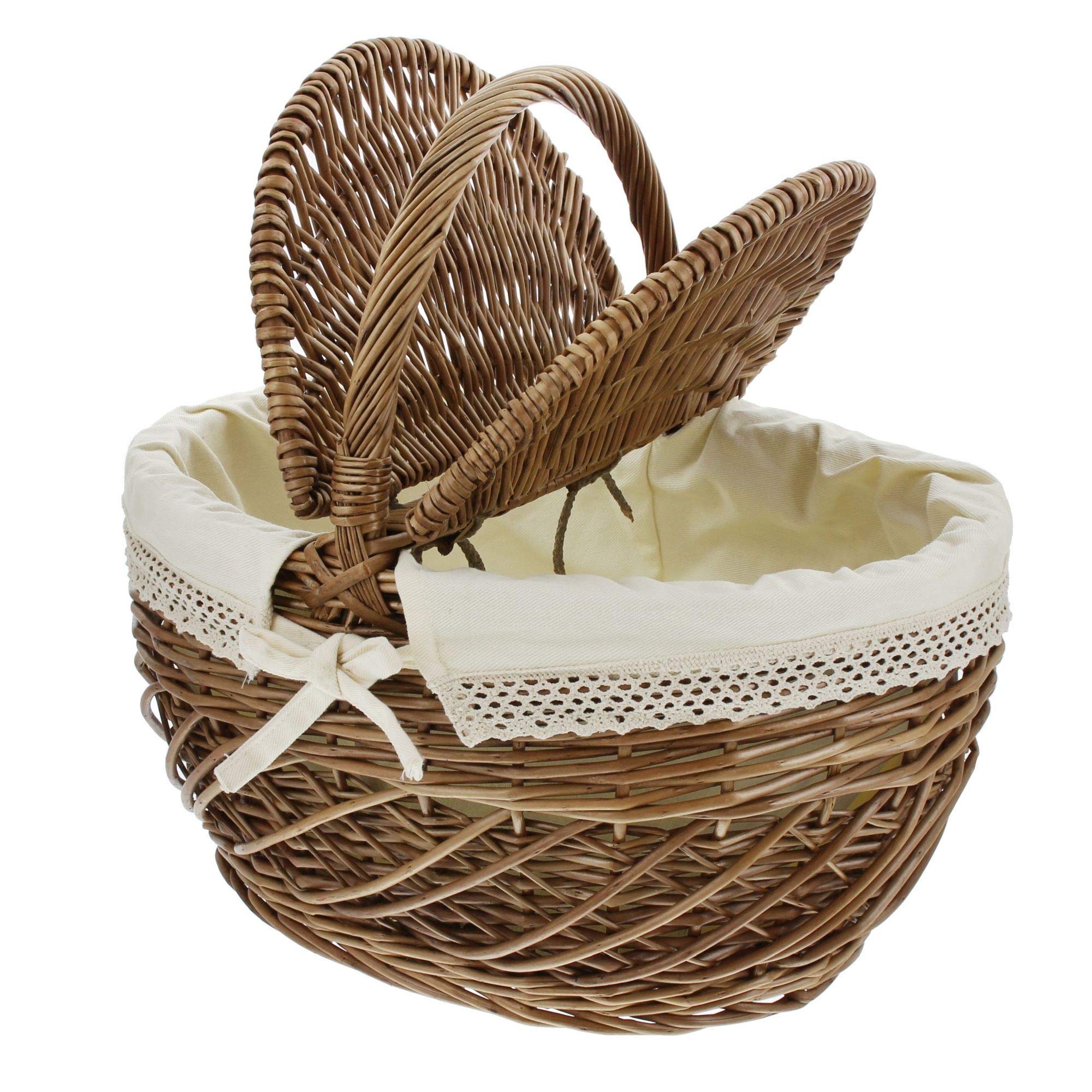 Panier pique-nique, osier laqué dans des tons brun, finement tressé, tissu intérieur amovible couleur crème avec bord crocheté, 2 couvercles à charnière