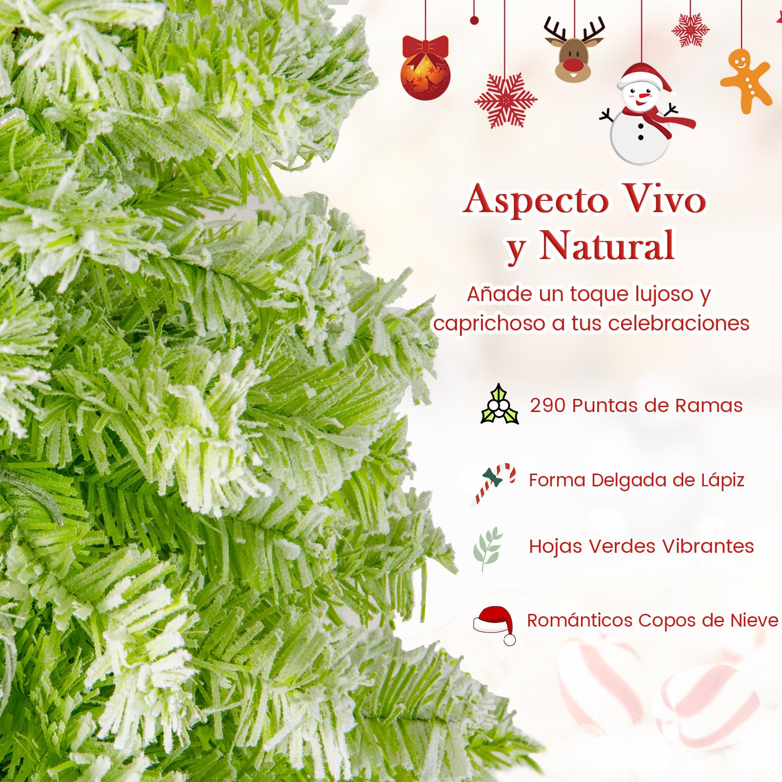 COSTWAY Árbol de Navidad Nevado con Luces 180cm, Cima Flexible, Arbol de Navidad Estrecho con Luces Incorporadas, 8 Modos con 120 LED Blancas Cálidas, 290 Puntas de Ramas (180 cm)