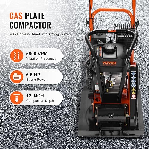 Miniatura 3 de VEVOR Compactador de placas de 6.5 HP, motor de gas de 196 CC, manipulación vibratoria de compactación de 4200 libras, 22.1 x 15.9 pulgadas,