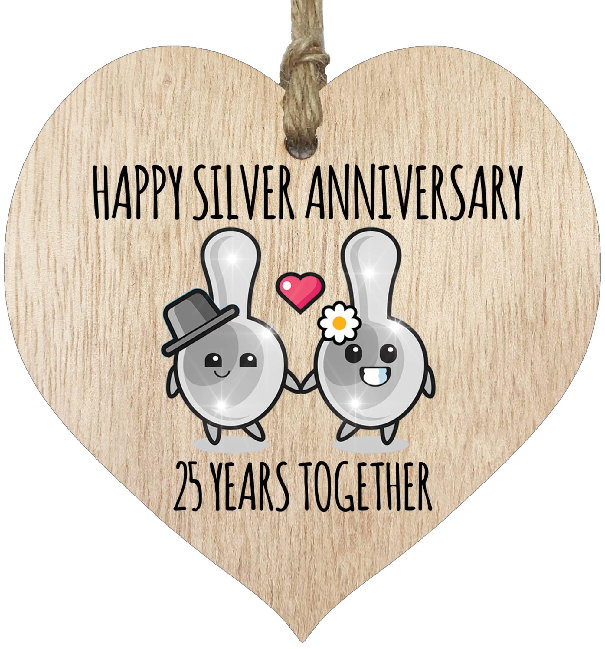 25th Wedding Anniversary Plaque Gift for Husband Wife - 25 Years Together - Happy Silver Anniversary Wooden Heart for Women Men Partner, Light Wood Sign Keepsake Gifts