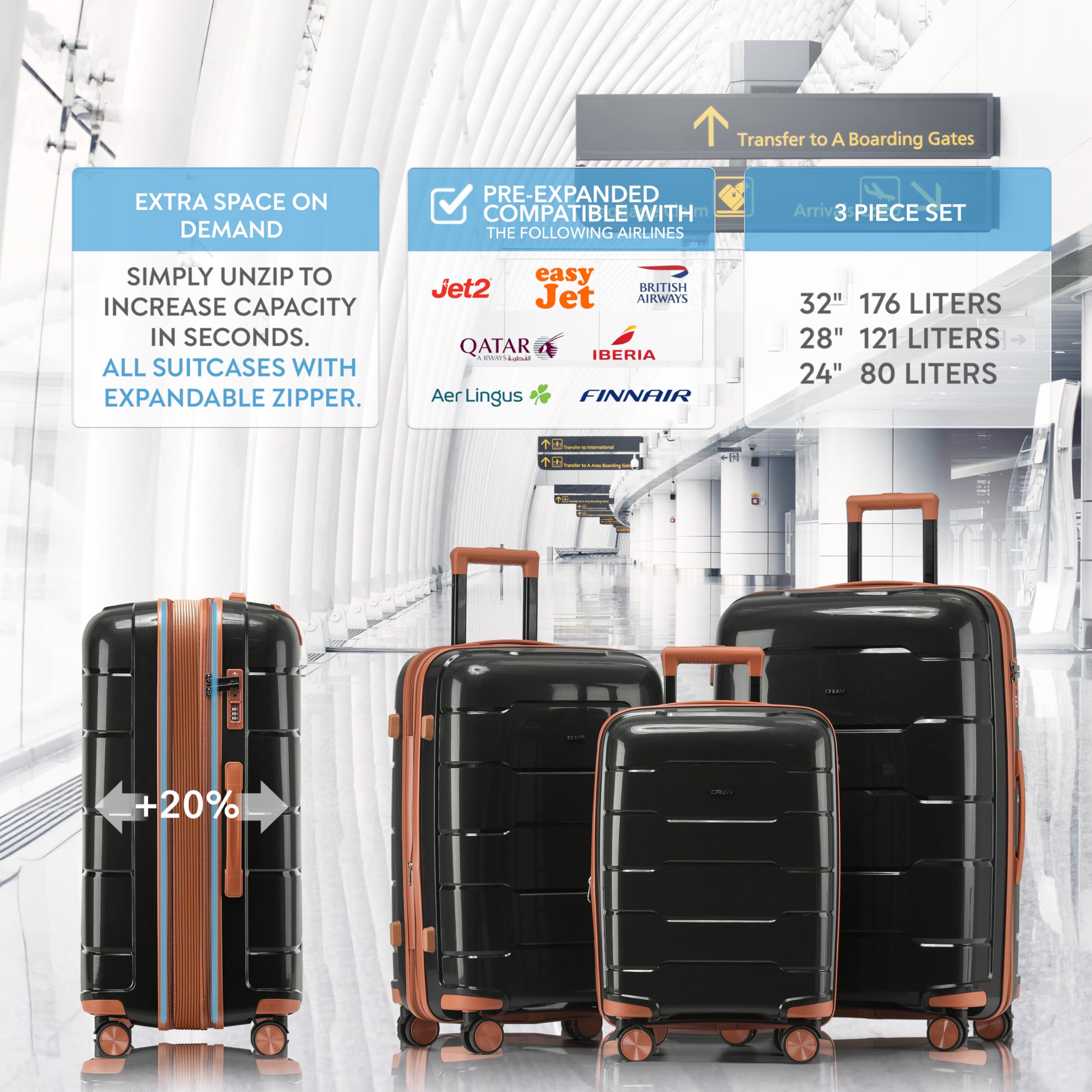 CRUW 3-Piece Luggage Set Expandable Polypropylene Suitcase Set TSA Locks 8 Silent Spinner Wheels Lightweight Nested Suitcases Travel Set easyJet British Airways Jet2 Approved Carry-On Black/Tan