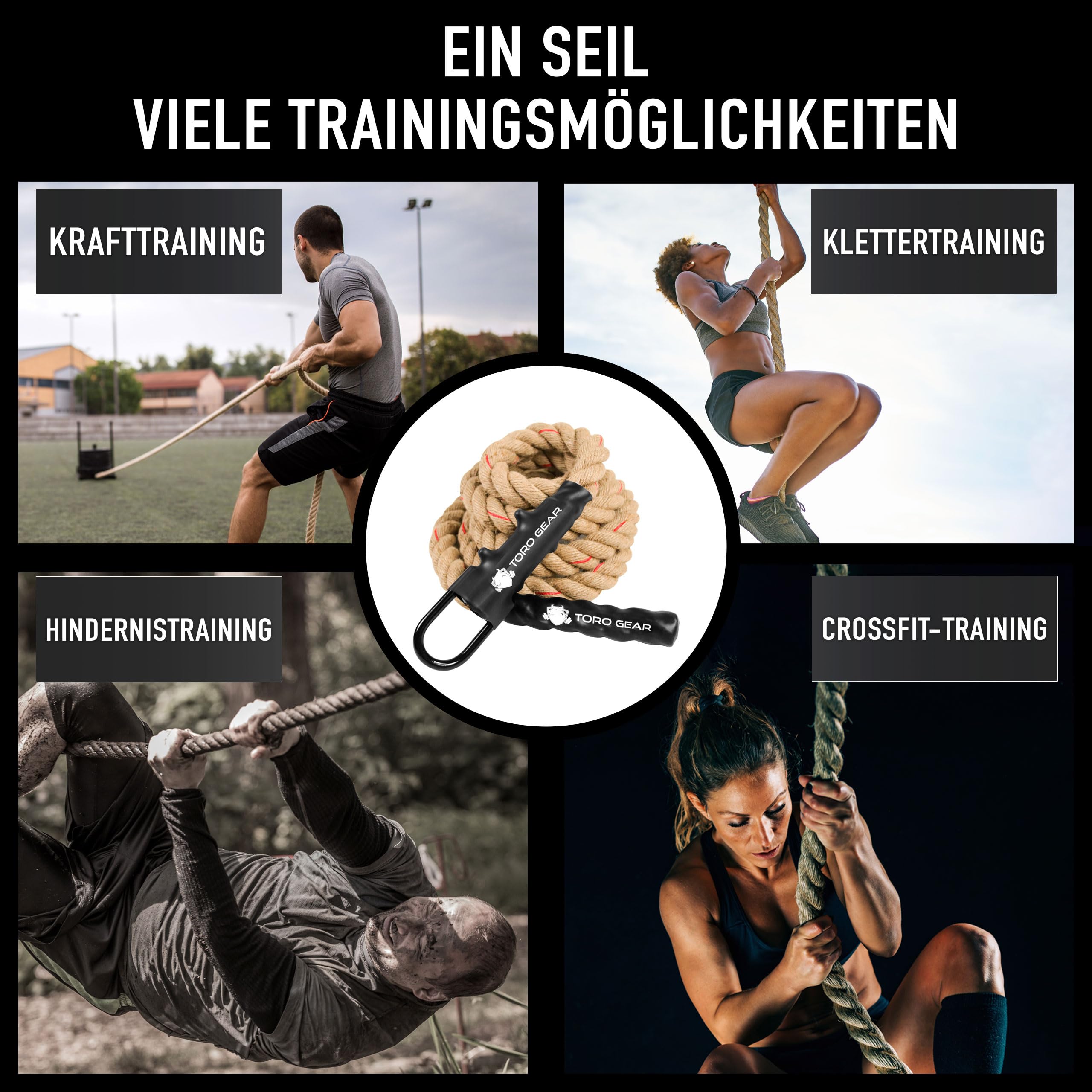38 Millimeter Juteseil zum Klettern, 3-6 Meter | Kletterseil mit Karabinerhaken und Aufhänger für Crossfit, Fitness, Fitnessstudios und Feuerwehrtraining (38 mm X 3,5 m)